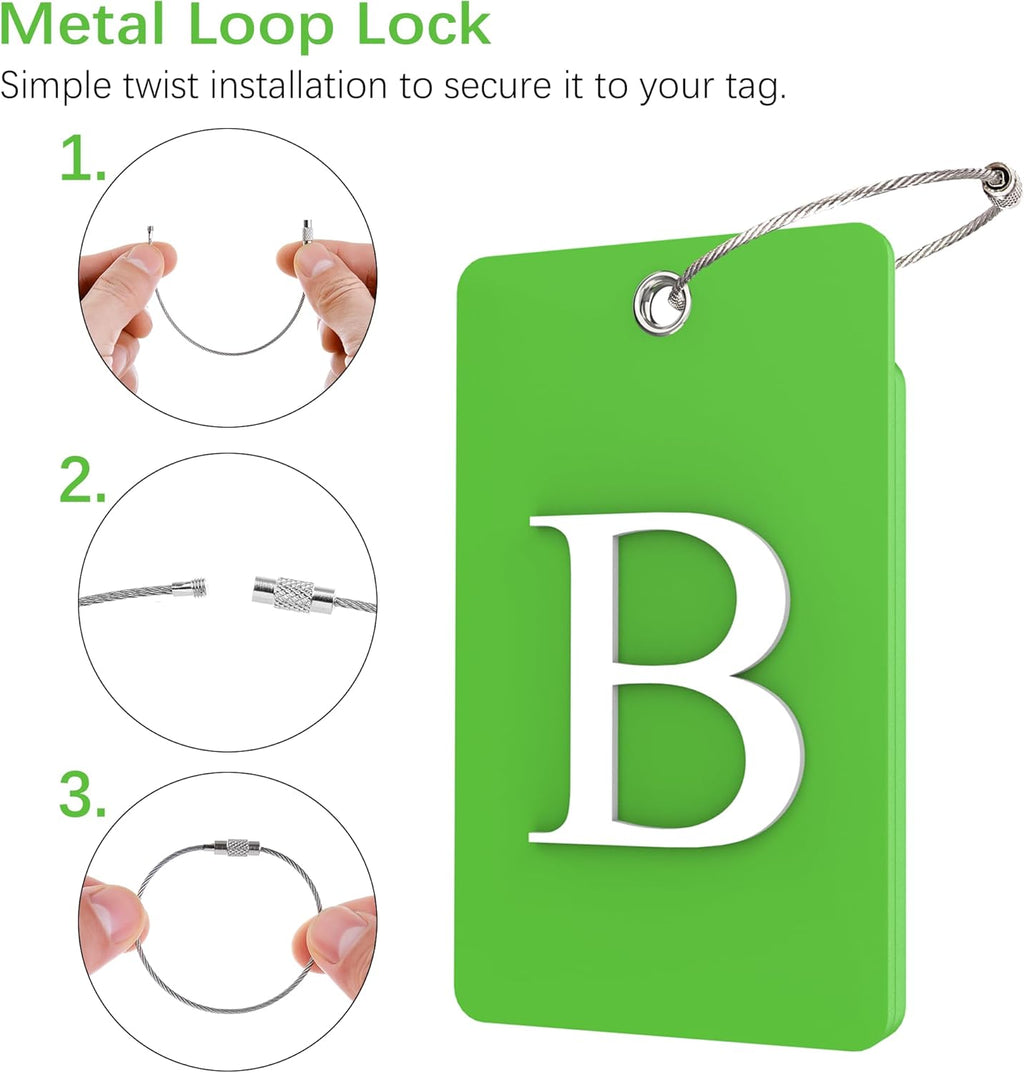 Gostwo 2 Pack Luggage Tags for Suitcases, 26 Initial Letter Travel Luggage Baggage Identification Labels ID Tag Fully Bendable Tags with Stainless Steel Loop (Green) (Letter B)