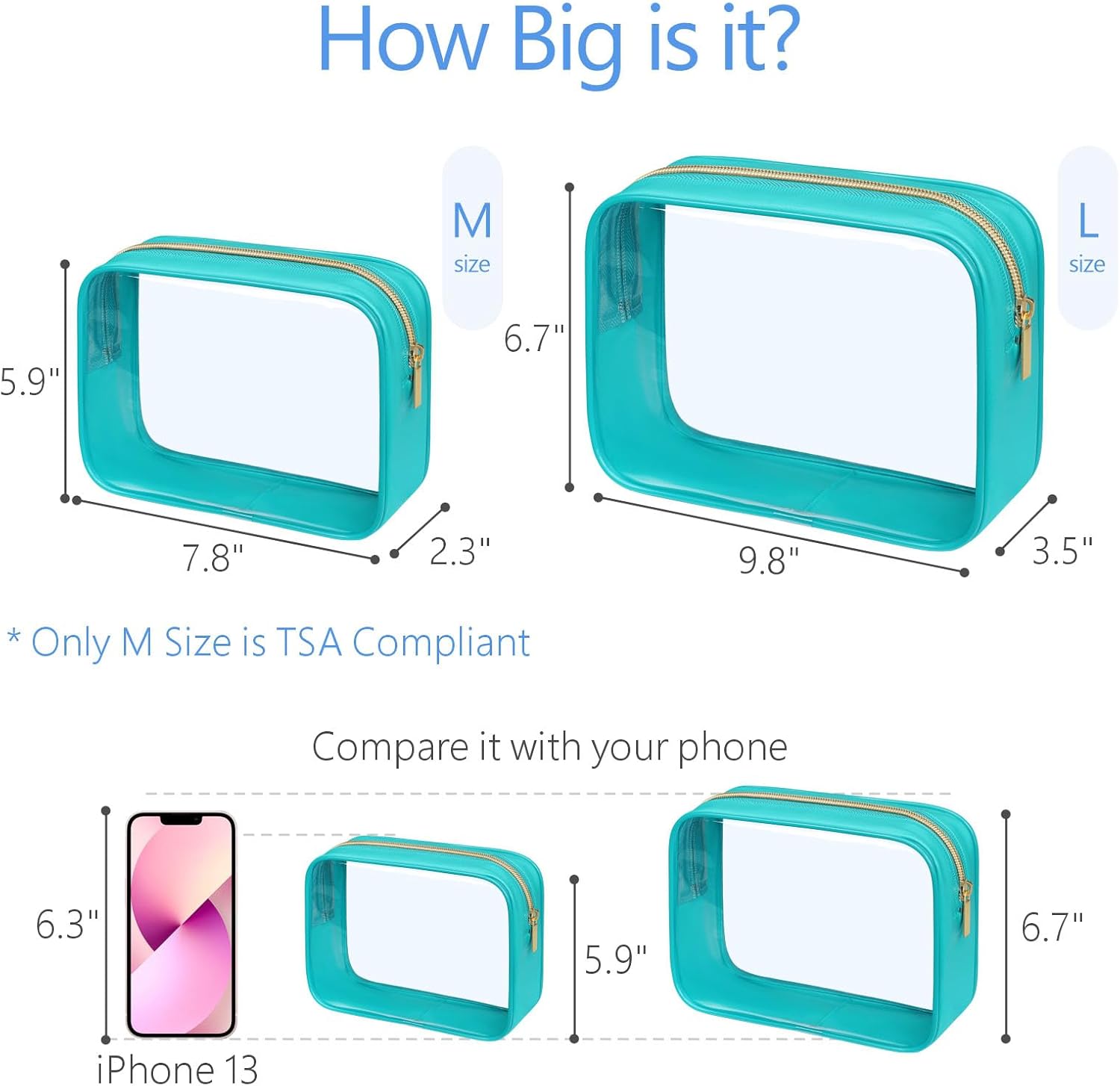 PACKISM Clear Makeup Bag, 2 Pack Upgrade Color-Edged TSA Approved Toiletry Bag, Clear Toiletry Bag For Traveling Fits Various Storage Needs, Turquoise (2 Sizes)