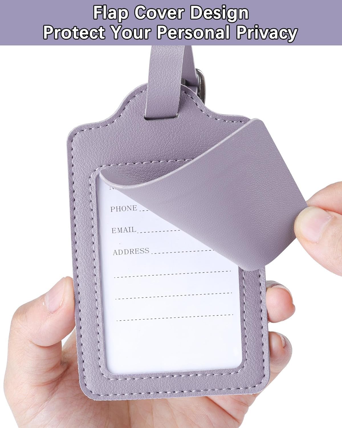 Teskyer Luggage Tags for Suitcases, TSA Approved with Privacy Protection Cover, Premium Faux Leather Bag Tags for Travel - 4 Pack, Purple