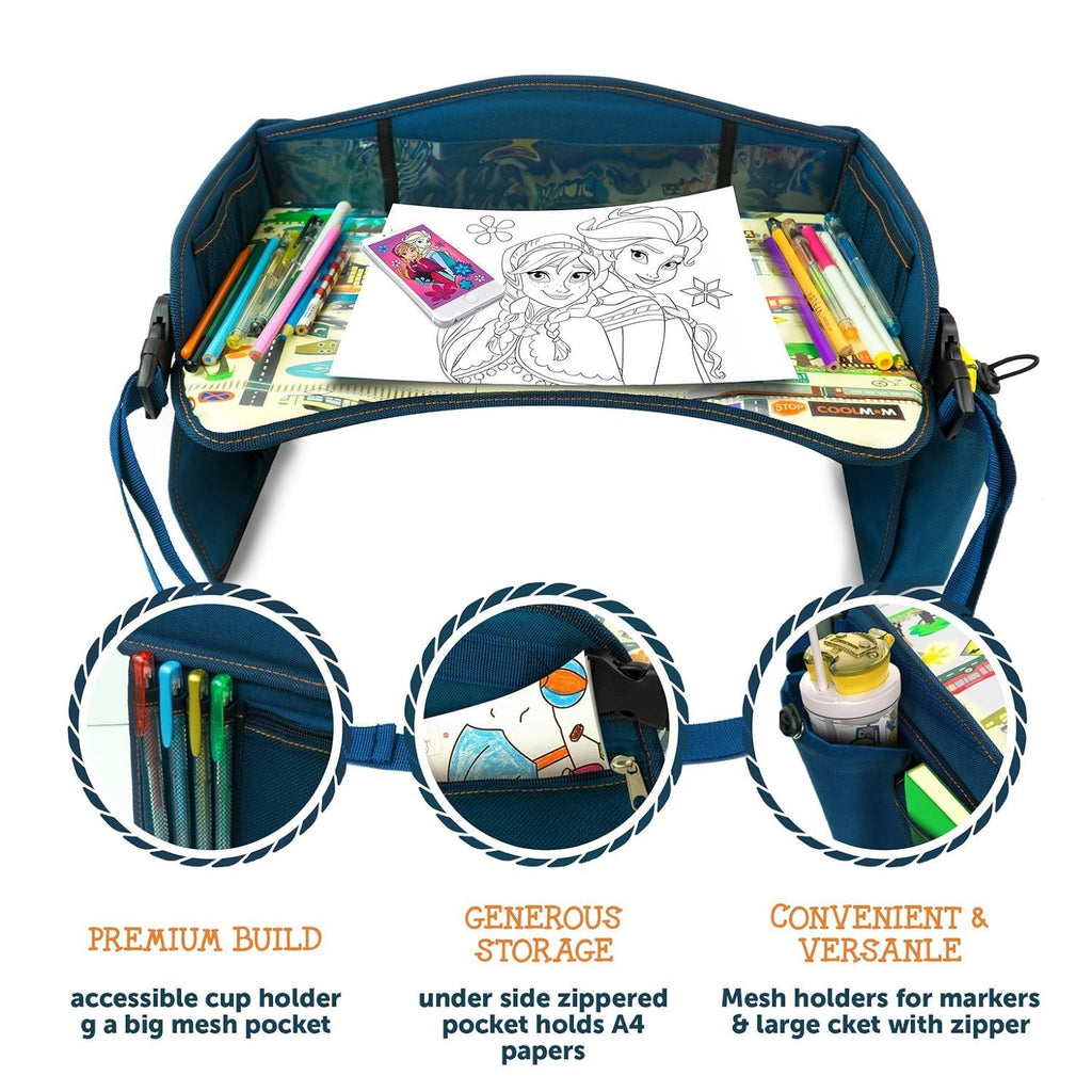Coolmum Kids Travel Tray, Toddler Car Seat Tray, Double Sided Activity Organizer, Snack Lap Table, Baby Stroller Tray, Airplane Play Table, Waterproof and Foldable (Premium Blue)