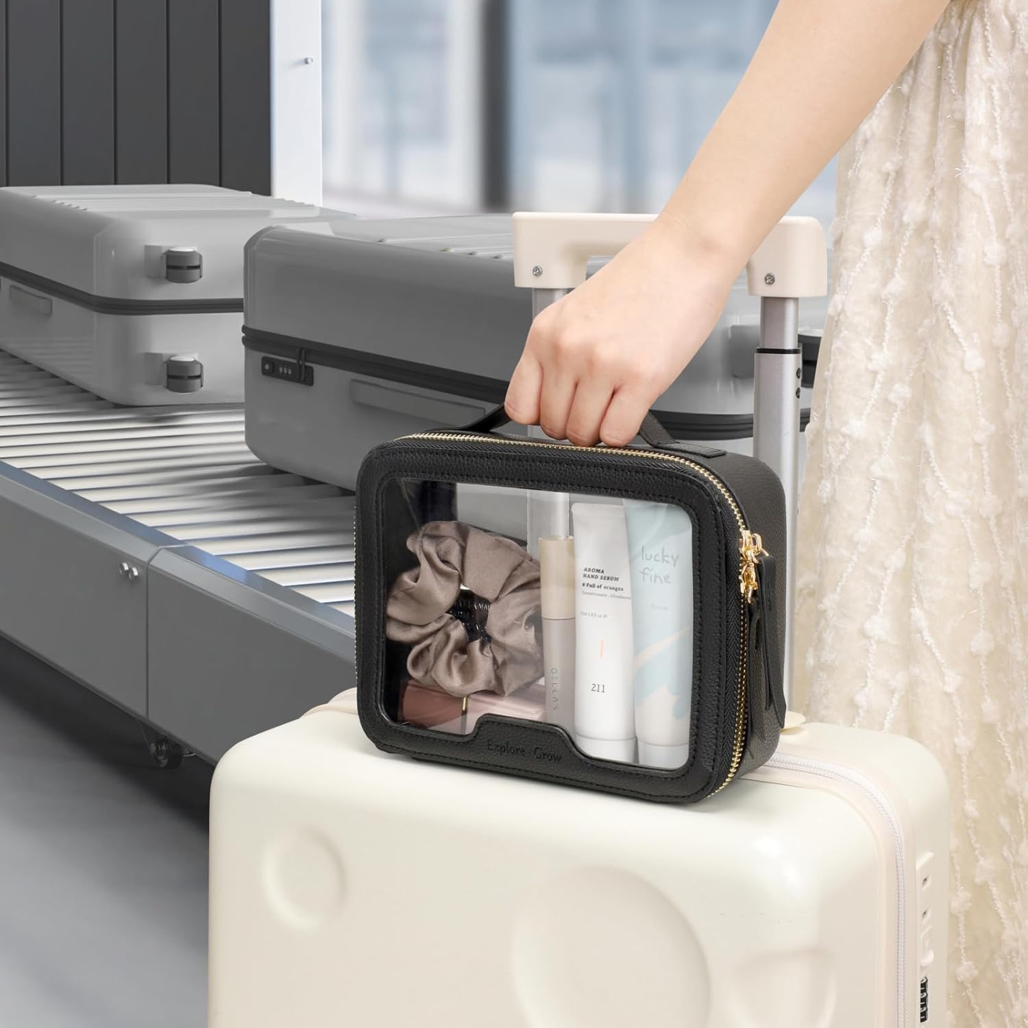 PACKISM TSA Approved Toiletry Bag - Pebbled Texture & Hard PU Leather Clear Quart Size Travel bag TSA Approved, Clear Travel Bag for Toiletries, Toiletry Bag for Women Gift (Black Medium)