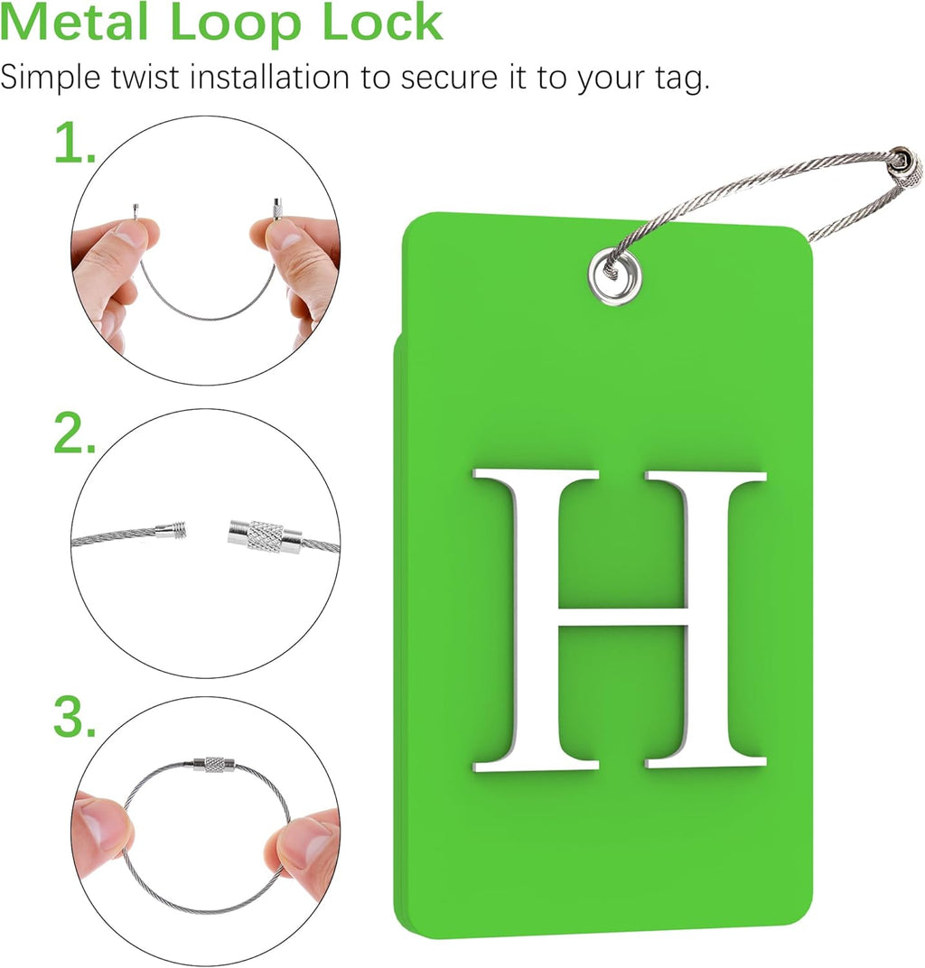Gostwo 2 Pack Luggage Tags for Suitcases, 26 Initial Letter Travel Luggage Baggage Identification Labels ID Tag Fully Bendable Tags with Stainless Steel Loop (Green) (Letter H)