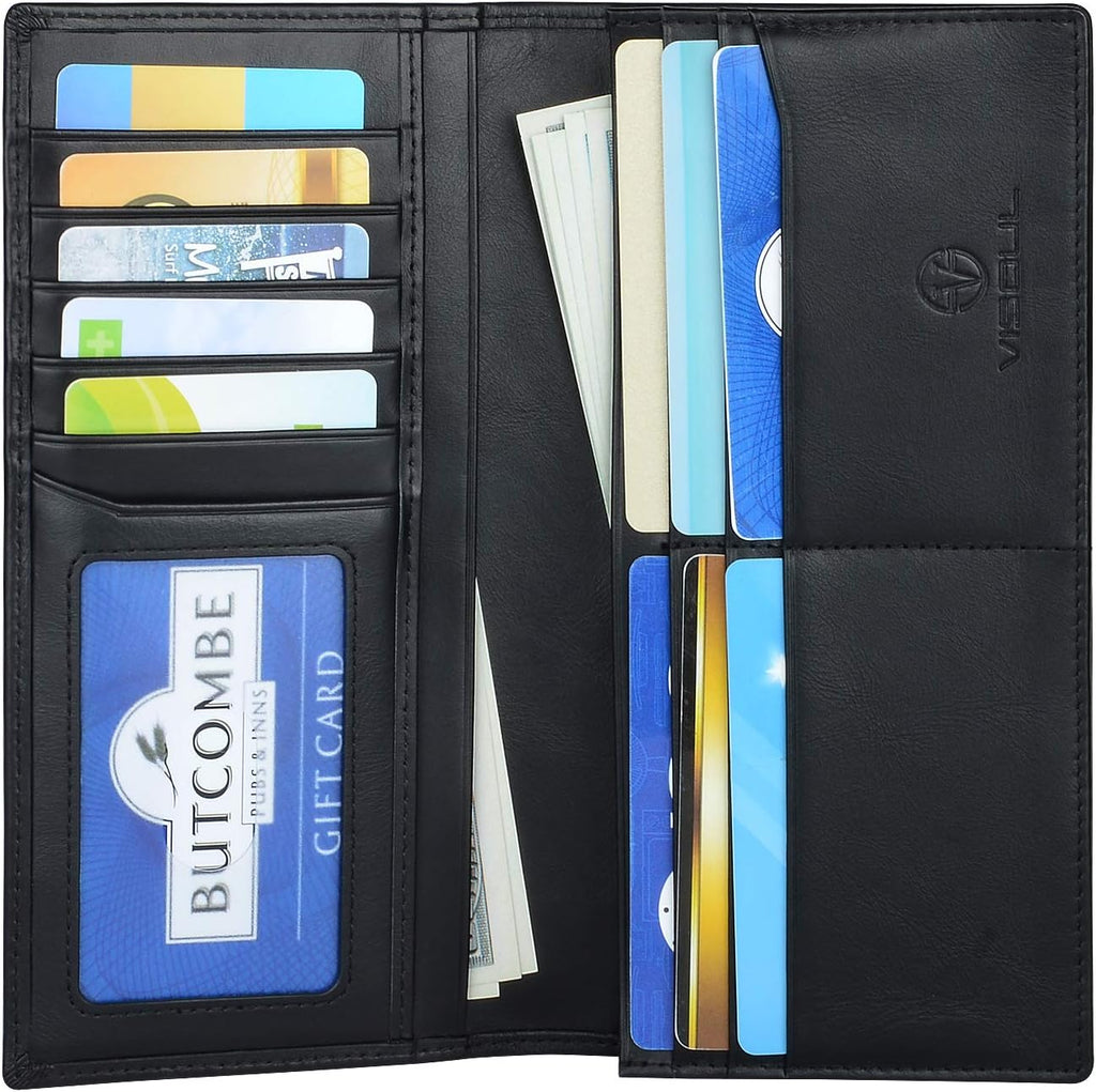 VISOUL Mens Leather Long Checkbook Bifold Wallets with RFID Blocking, Breast Pocket Tall Billfold Secretary Wallet for Men with Card Slots (Black)
