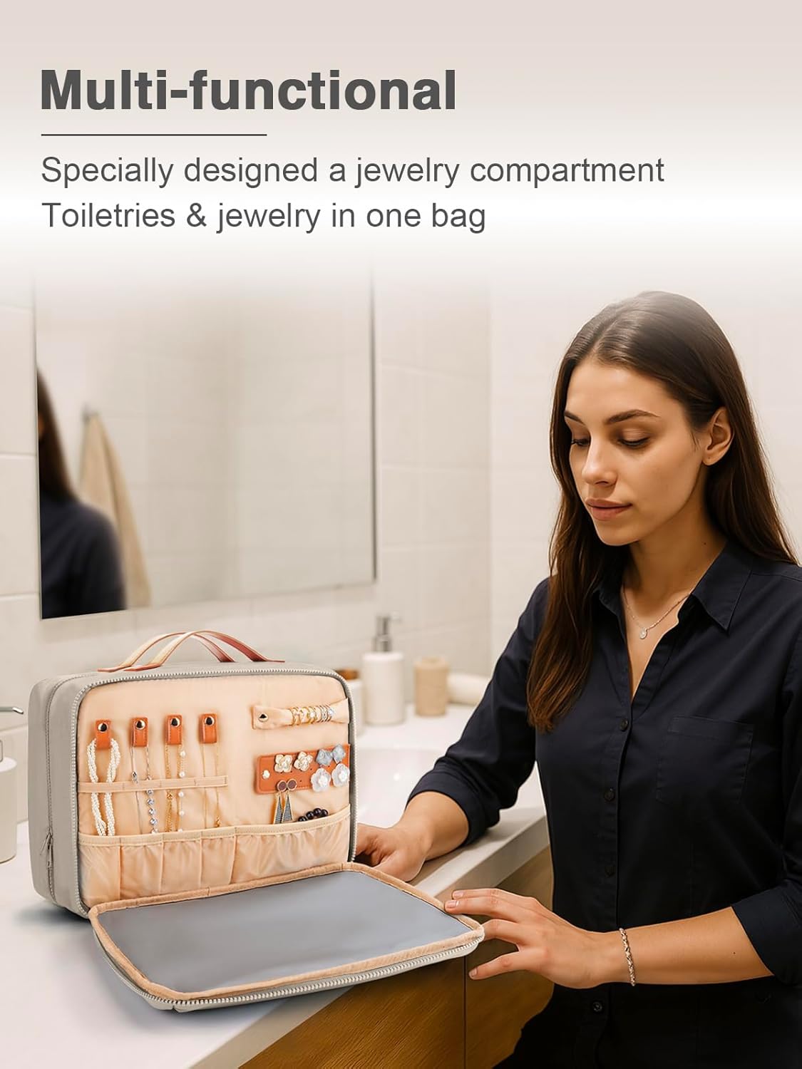 Women's Hanging Toiletry Bag, Waterproof Travel Cosmetic Organizer with Jewelry Storage, Large Capacity Makeup Case for Full-Size Skincare & Bathroom Essentials, Portable Cosmetic kit, Khaki