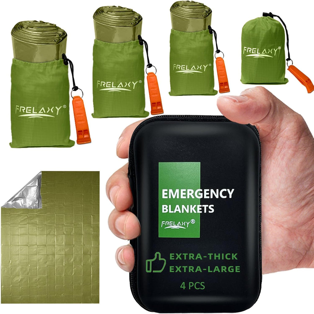 Frelaxy Emergency Blanket 2-Pack/4-Pack, Extra-Thick Extra-Large Space Blankets with Whistles, Storage Pouchs, and EVA case, 83" x 60"