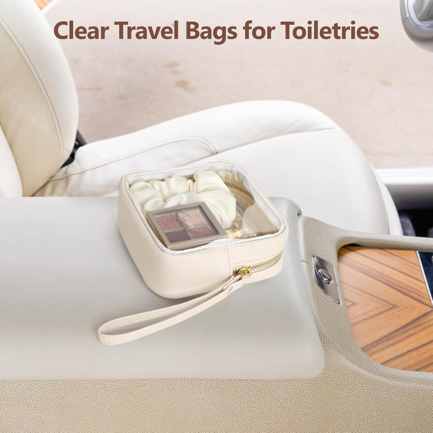 PACKISM Small Clear Makeup Bag - PU Leather Clear Travel Bags for Toiletries Mini Makeup Bag for Purse, Portable Cosmetic Bag Car Bag for Essentials for Women Gift Daily Use (Beige Mini)