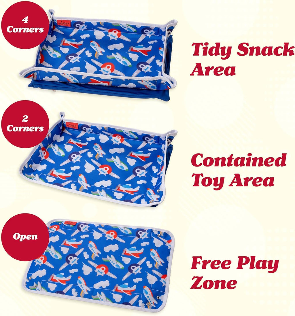 Lusso Gear Airplane Tray Table Cover with Pockets for Toddlers & Kids - Airplanes Pattern - Foldable & Rollable Lap Desk - Toddler Travel Essentials & Plane Activities