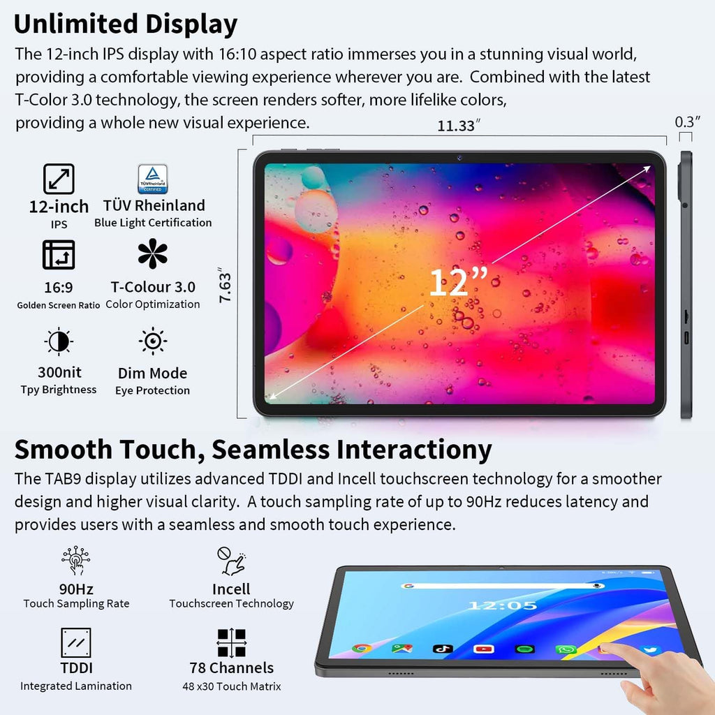 12 Inch Tablet Android 15 Tablets, 2025 Upgraded Android Tablet with Keyboard, 24GB RAM+256GB ROM(1TB Expand), Octa-Core, 2K 2000x1200 Display, 16MP Dual Camera, 8000mAh, 2.4G/5G WiFi, GPS (Black)