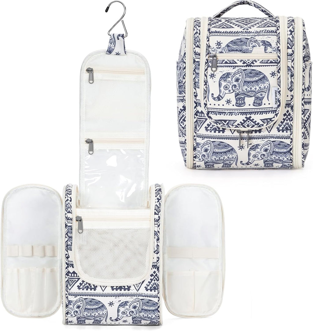 Narwey Small Hanging Toiletry Bag Women Travel Makeup Bag Organizer Toiletries Bag for Travel Size Essentials Accessories Cosmetics (Medium, Elephant)