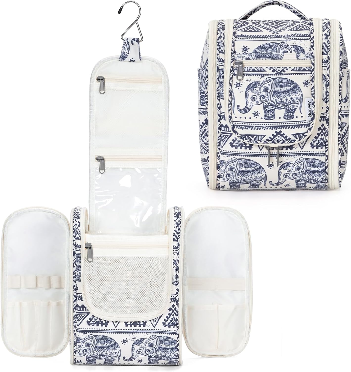 Narwey Small Hanging Toiletry Bag Women Travel Makeup Bag Organizer Toiletries Bag for Travel Size Essentials Accessories Cosmetics (Medium, Elephant)
