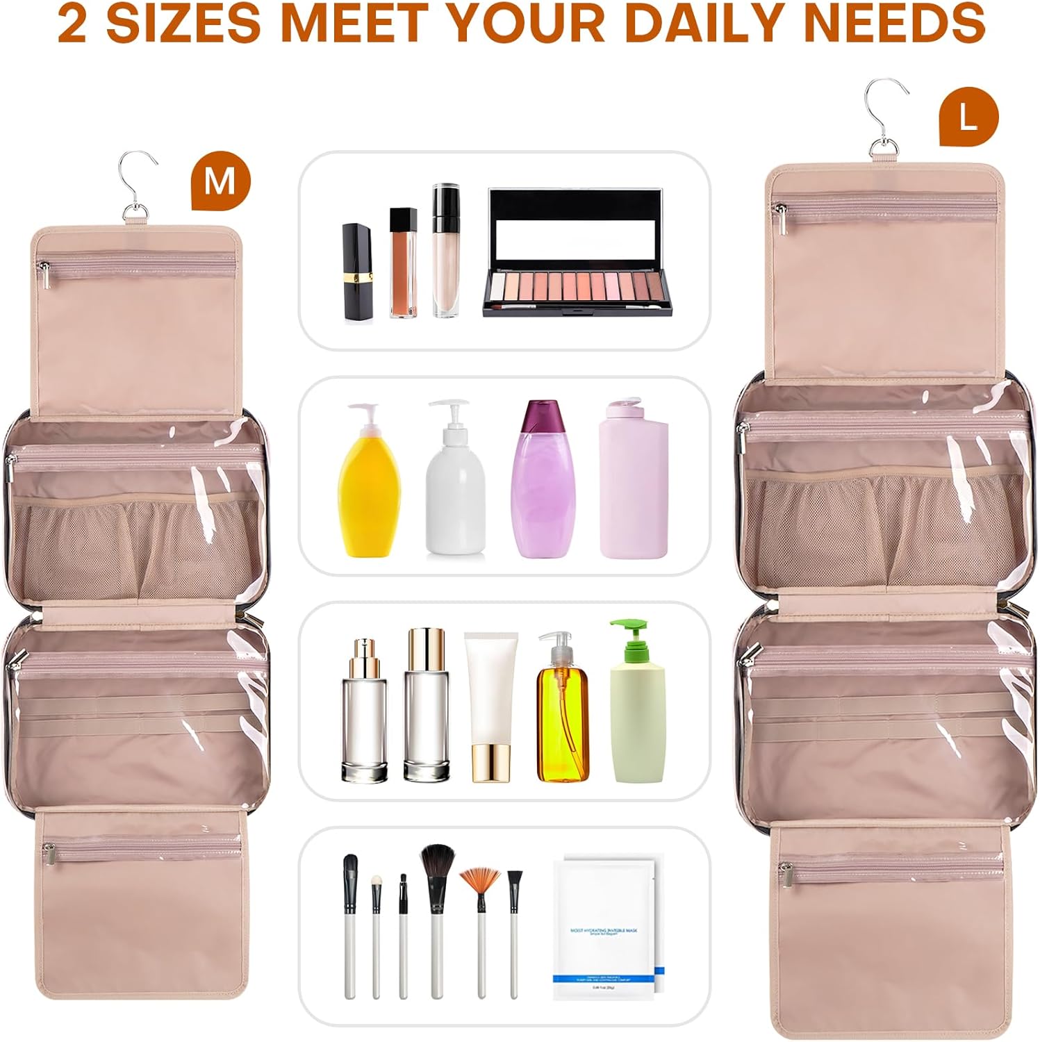 Hanging Toiletry Bag for Women Travel, 2 Sizes Large & Small Waterproof Cosmetic Organizer with 4 Compartments, Rotating Hook, Foldable Pink Travel Bag for Toiletries & Makeup - Medium Pink