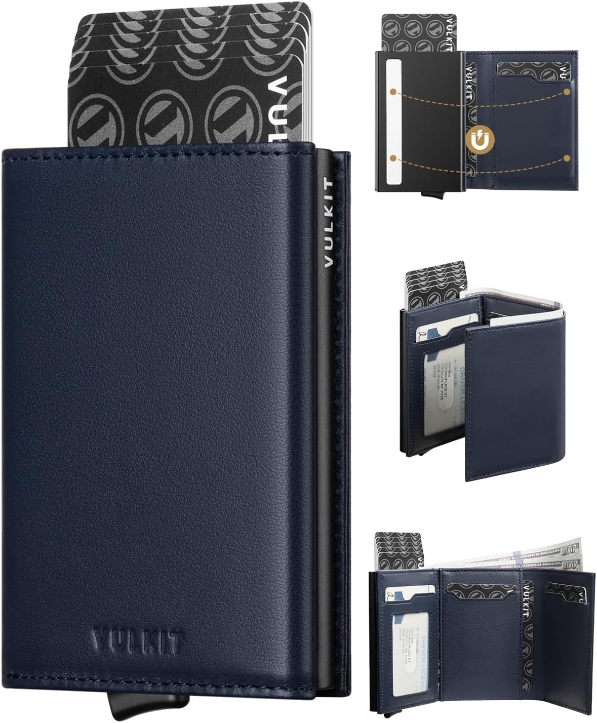 VULKIT Pop up Card Wallet Minimalist Cash Wallets RFID Blocking Leather Smart Credit Card Holder with ID window for Men