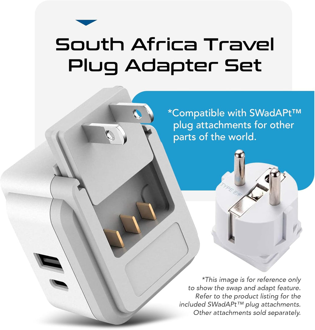 Ceptics South Africa Power Adapter Travel Set - 20W PD & QC, Fast & Safe with Dual USB & USB-C - 2 USA Outlet - Use All Over Africa, Zimbabwe, Morocco - Includes Type E/F, M, G SWadAPt Attachments
