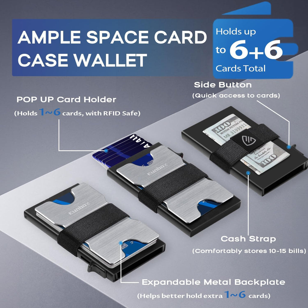 Mens Business Card Holder, Slim Card Wallet for Men and Women, Minimalist RFID Blocking Wallet with Pop-Up Function, Thin Design, Metal Cases Holds 6+6 Cards, Gifts for Men, Men's Accessories