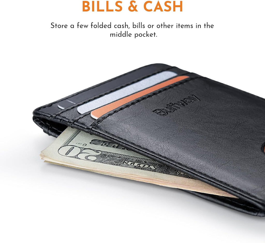 Buffway Mens Slim Wallet, Minimalist Thin Front Pocket Leather Credit Card Holder with RFID Blocking for Work Travel