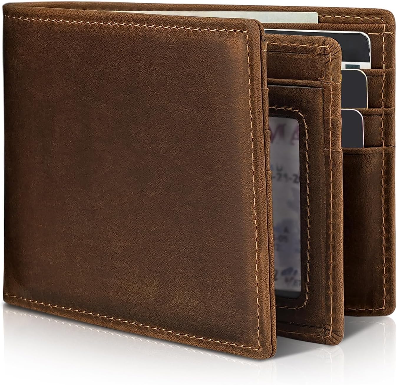 Mens Wallet Genuine Leather Bifold RFID Blocking Wallet for Men with 1 ID Window 13 Card Holders 2 cash pockets 1 Gift Box