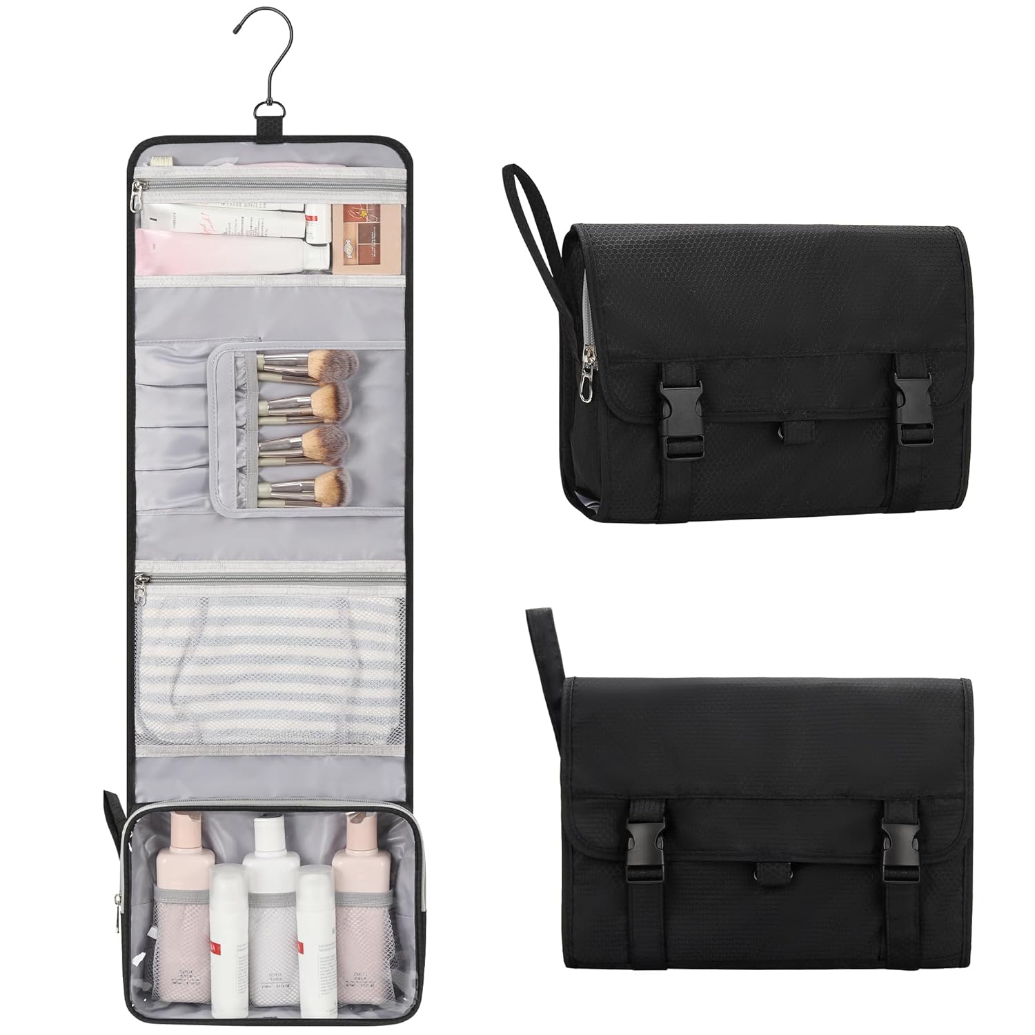 Travel Hanging Toiletry Bag with Makeup Brush Board, Portable Toiletries Bag with Hanging Hook, Water Resistant Wash Bag, Makeup Organizer with Cosmetics for Full Sized Travel Essentials - Black