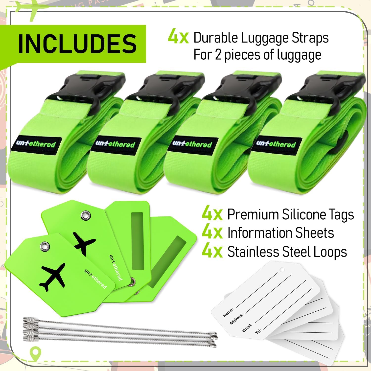 Untethered Ultimate Travel Set: 4 Premium Luggage Straps and 4 Silicone Tags - Secure & Identify Your Bags with Ease (Green + Tags)