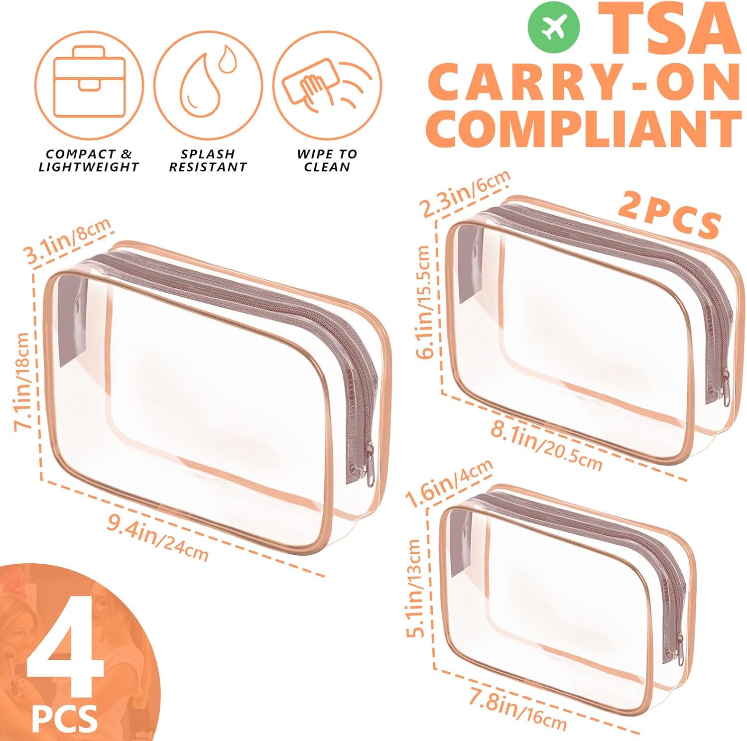 AURUZA 4 Pack Clear Toiletry Bag,Portable Travel Makeup Bags with Zipper, TSA Approved Clear Organizer Bags, PVC Cosmetic Pouch for Airport Airline Compliant (4 Packs Rose Pink)