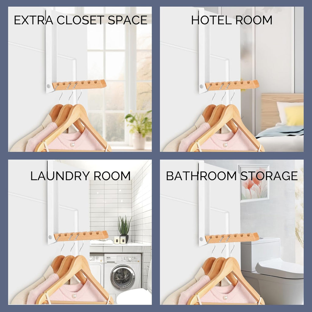 Over The Door Clothes Hanger – Portable Retractable Travel-Friendly Laundry Room Hanging Rack – Convenient Over The Door Drying Rack for Laundry Ease - 2PCS (White)