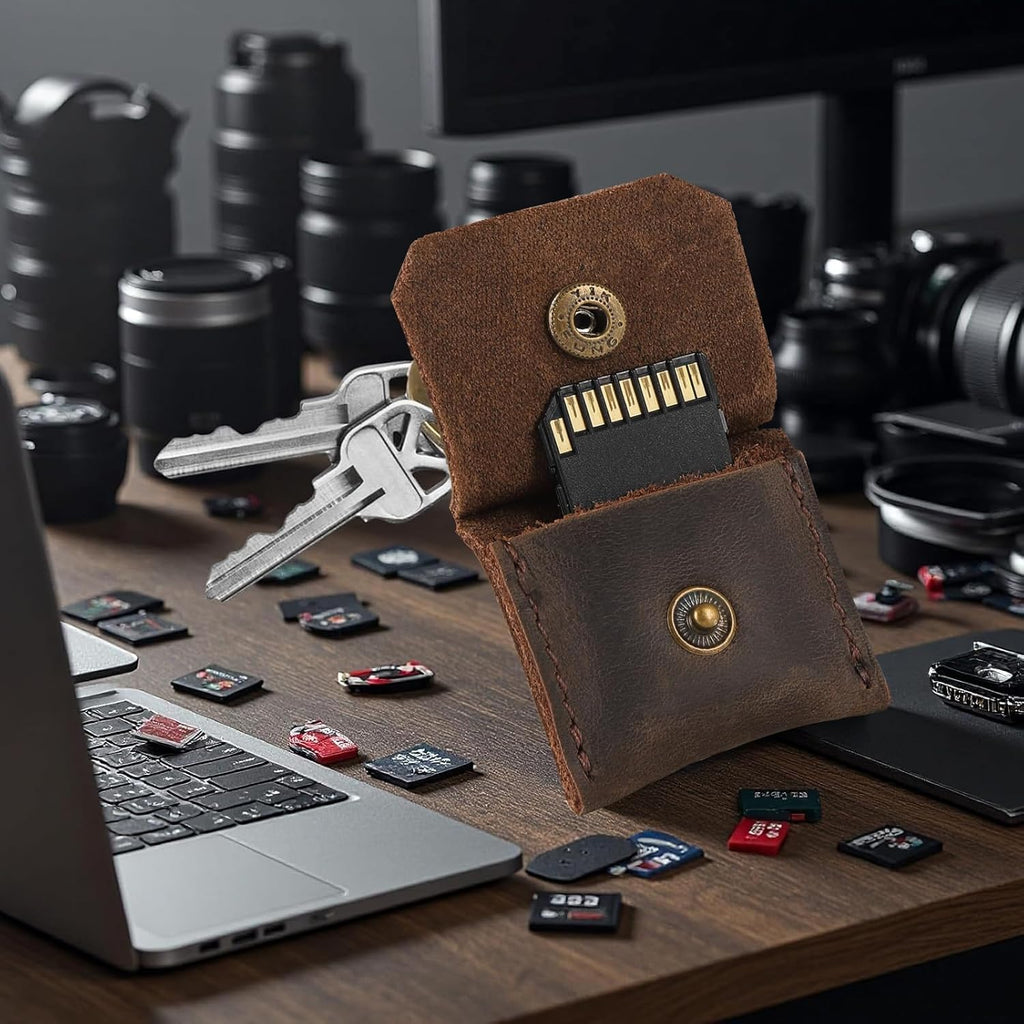 Jack&Chris Genuine Leather SD Card Holder Keychain, Anti-Shock Anti-Dust SD Card Case, Portable Camera Accessories for SD CF CFexpress Micro SD Nano SIM and Micro SIM Cards, Coffee 2 Packs