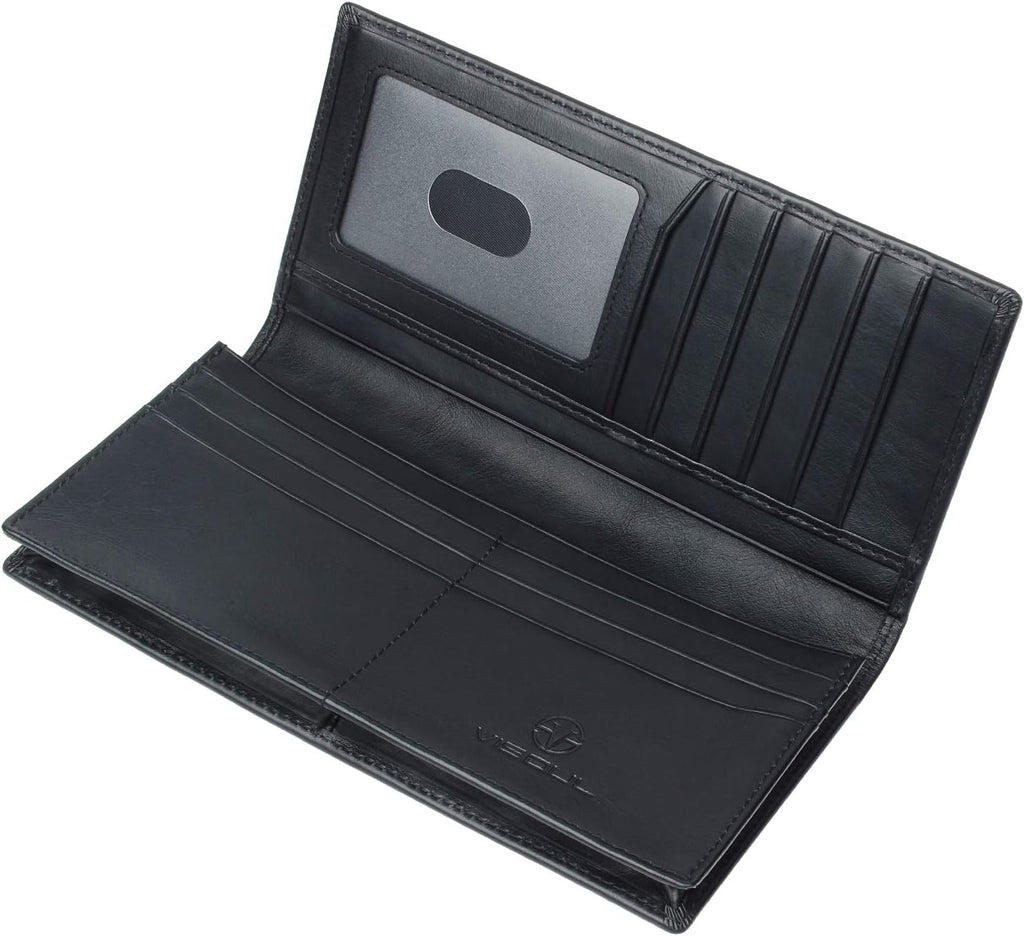 VISOUL Mens Leather Long Checkbook Bifold Wallets with RFID Blocking, Breast Pocket Tall Billfold Secretary Wallet for Men with Card Slots (Black)