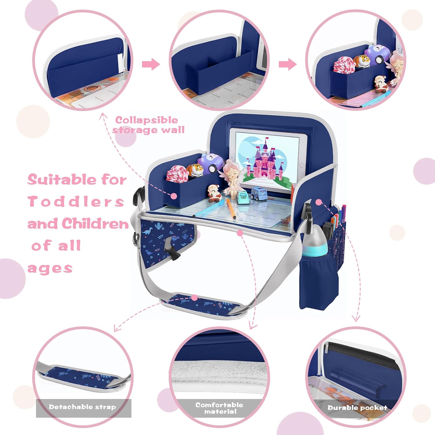 MENZOKE Kids Travel Tray, Car Seat Tray with Educational Drawing Board, Tablet Holder & Cooler Cup Holder,Essential for Car Travel & Holiday Gifts, Dinosaur Print Pattern, Dark Blue