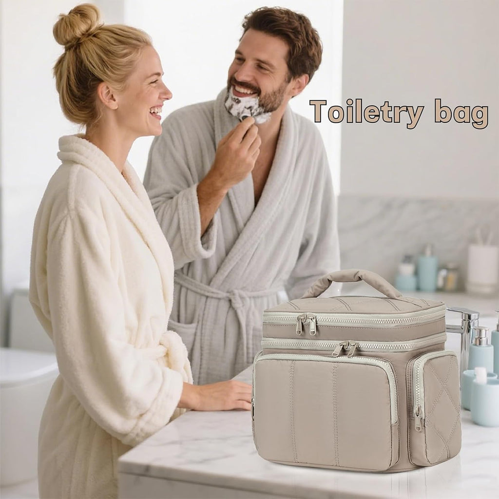 LEDAOU Toiletry Bag for Women,Quilted Travel Makeup Bag Organizer with Double Deck, Large Wide-open Cosmetic Make up Bag for Travel Essentials (Camel)