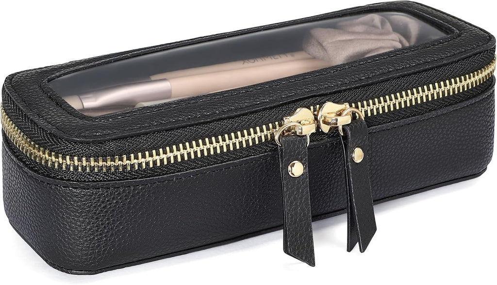 PACKISM Slim Clear Makeup Brush Bag, Pebbled Texture & Hard PU Leather Small Cosmetic Brush Holder, Mini Toiletry Bag Make up Bags with Message Card, Cute Travel Essentials Bag (Black)