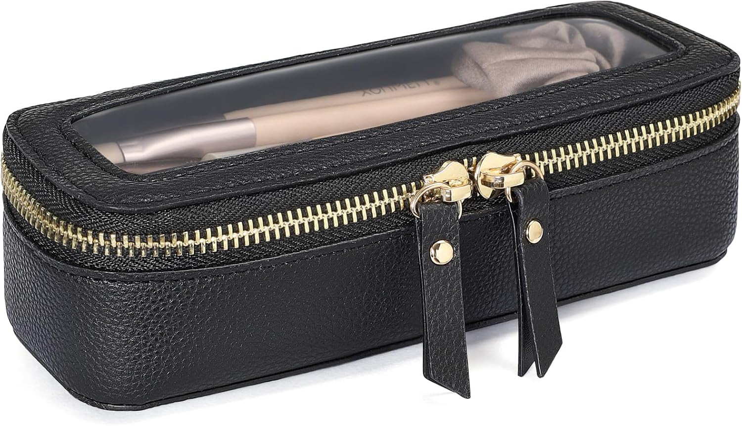 PACKISM Slim Clear Makeup Brush Bag, Pebbled Texture & Hard PU Leather Small Cosmetic Brush Holder, Mini Toiletry Bag Make up Bags with Message Card, Cute Travel Essentials Bag (Black)