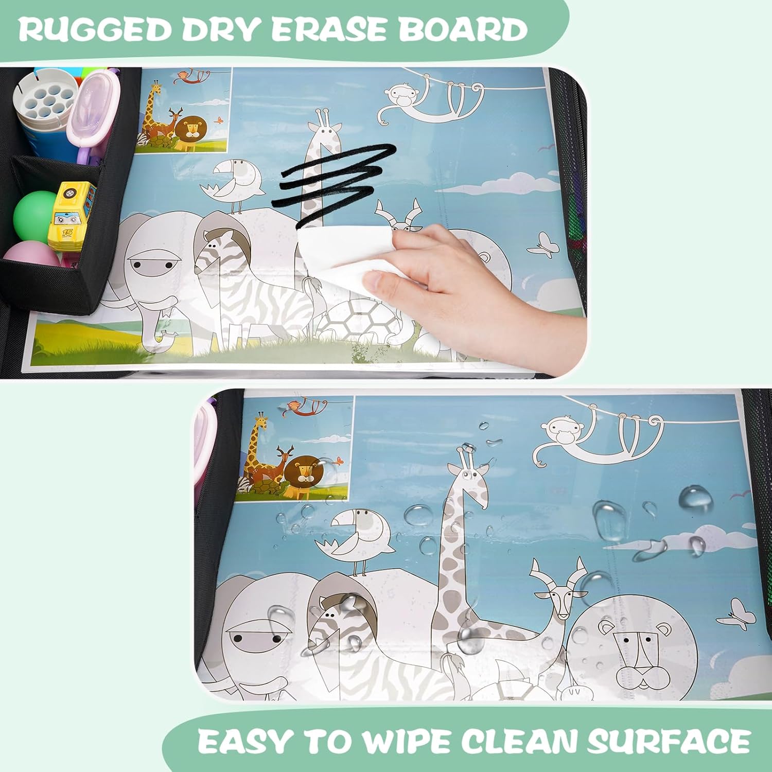 MENZOKE Car Seat Tray for Kids with Large Educational Drawing Board, Tablet Stand & Cooler Cup Holder, Essential for Family Road Trips, Airplane Rides & Daily Commutes, Black