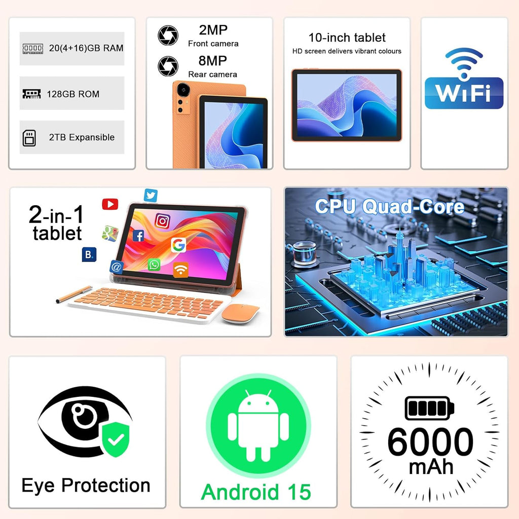 Android 15 Tablet 10 Inch, 2 in 1 Tablets with Keyboard/Mouse/Case/Stylus, 20GB RAM+128GB ROM/ 2TB Expand, 2.0Ghz Quad-core Processor, 1280 * 800 HD Touch Screen, 8MP Camera, 6000mAh Battery, 5G WiFi