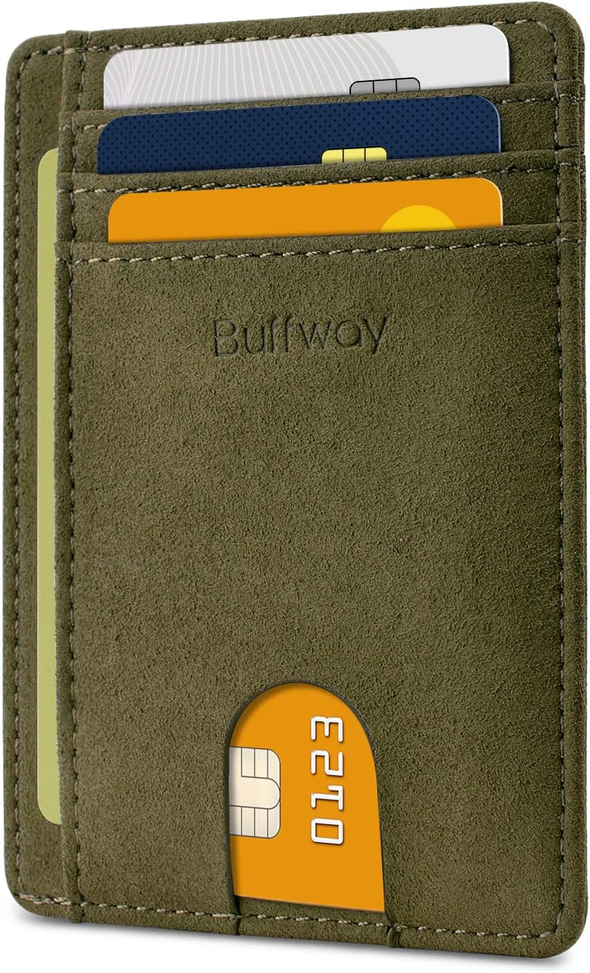 Buffway Slim Minimalist Front Pocket RFID Blocking Leather Wallets for Men and Women - At Sahara Desert Green