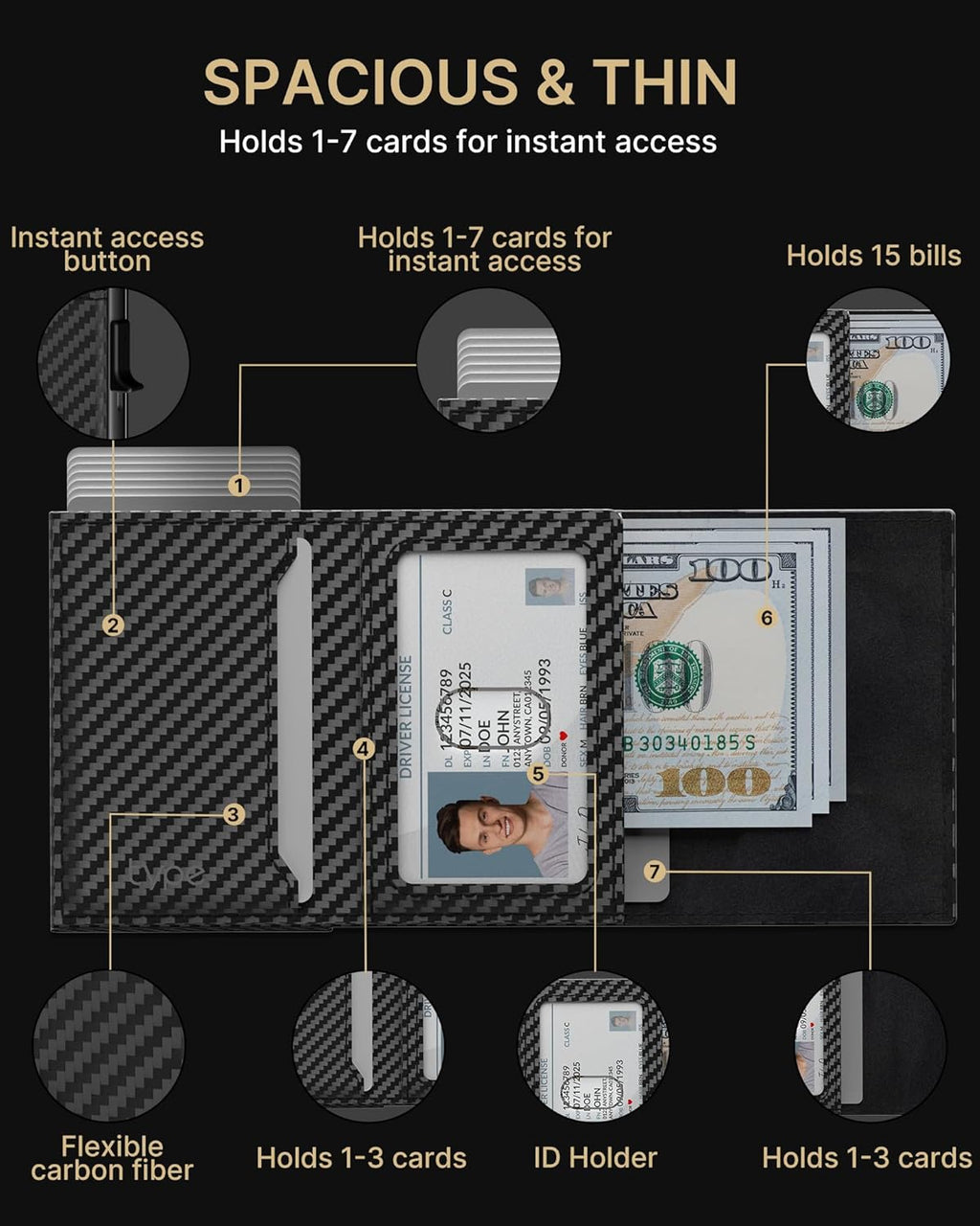 typecase Mens Wallet Card Holder: Pop Up Aluminum Case, Genuine Leather, Smart, RFID Blocking, Slim, Minimalist, Front Pocket - 9-14 Card Capacity | ID Window | Cash Slot (Carbon Fiber)