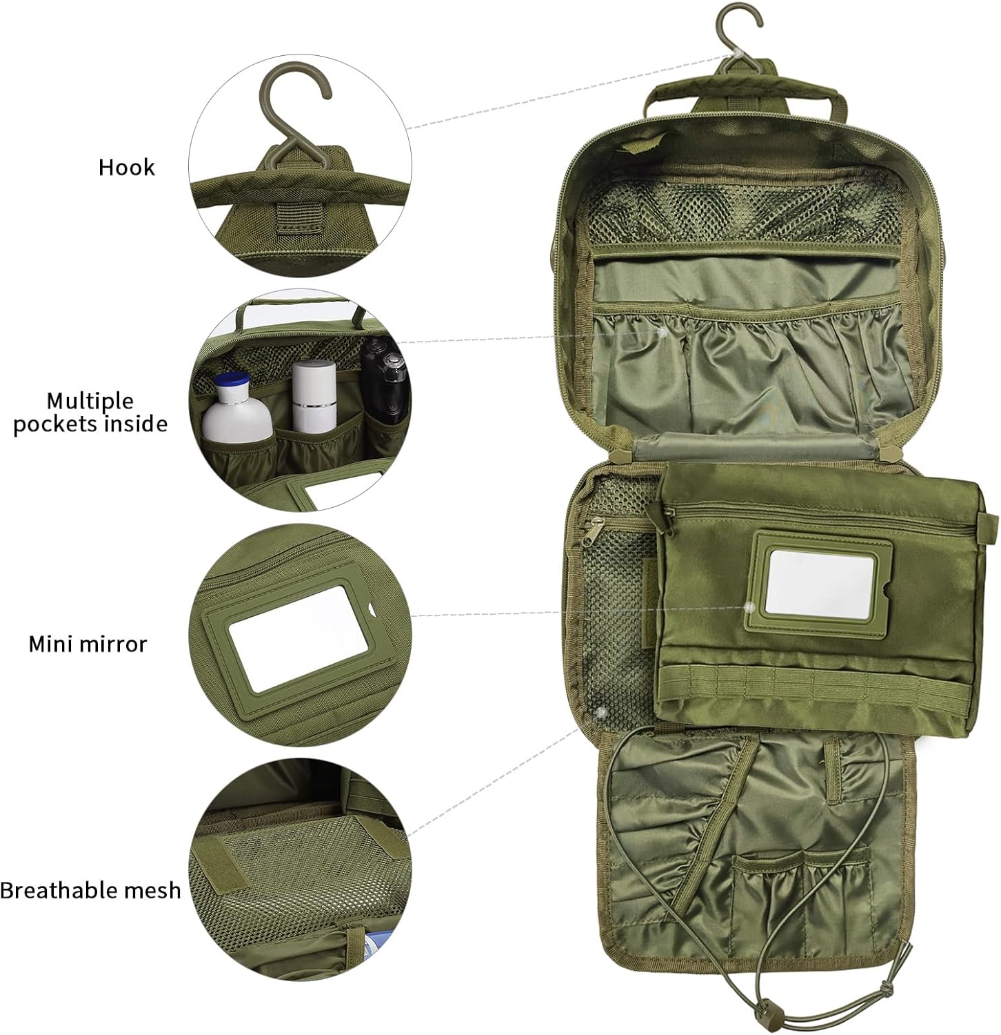 SUNRISING Tactical Toiletry Bag for Men - Hanging Travel Dopp Kit, Shaving Hygiene Organizer, Durable Bathroom Essentials for Short Trips & Camping Army Green