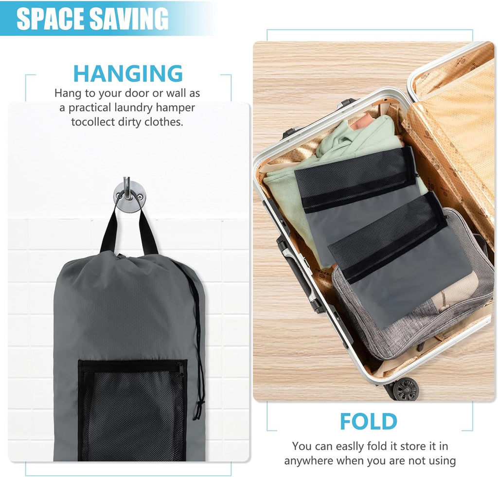 Laundry Bag Backpack, 2PCS Extra Large Travel Laundry Bag with Mesh Pocket & Adjustable Shoulder Straps,Dirty Clothes Travel Bag for College Students Dorm,Apartment(Grey)