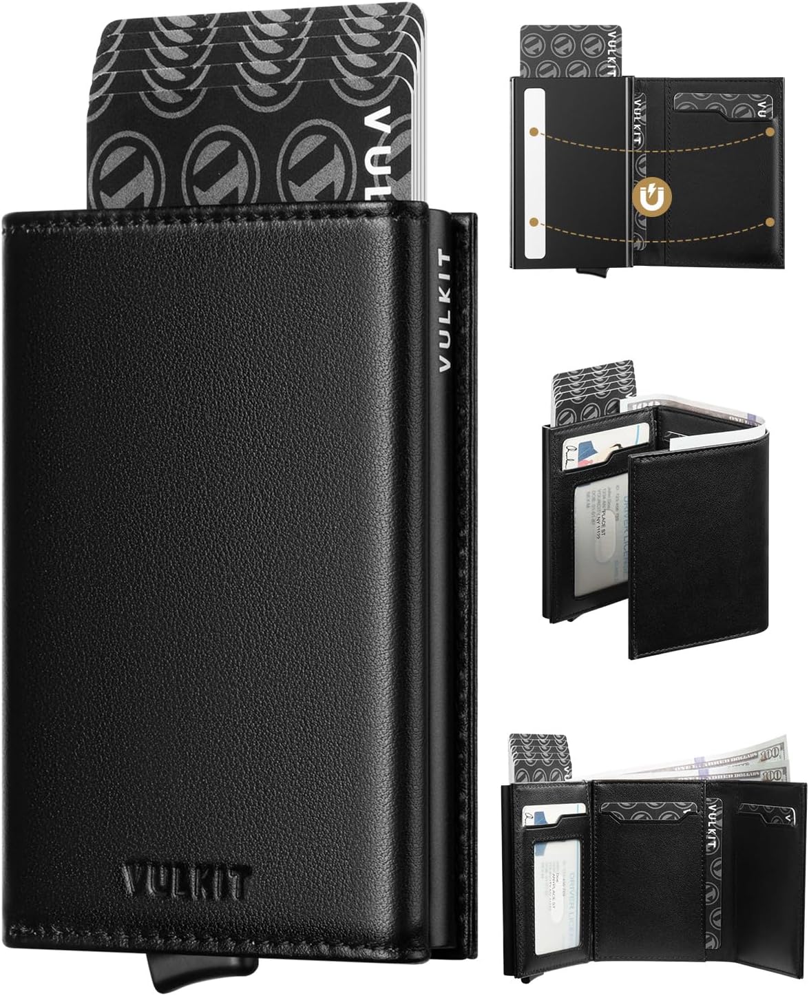 VULKIT Pop up Card Wallet Minimalist Cash Wallets RFID Blocking Leather Smart Credit Card Holder with ID window for Men