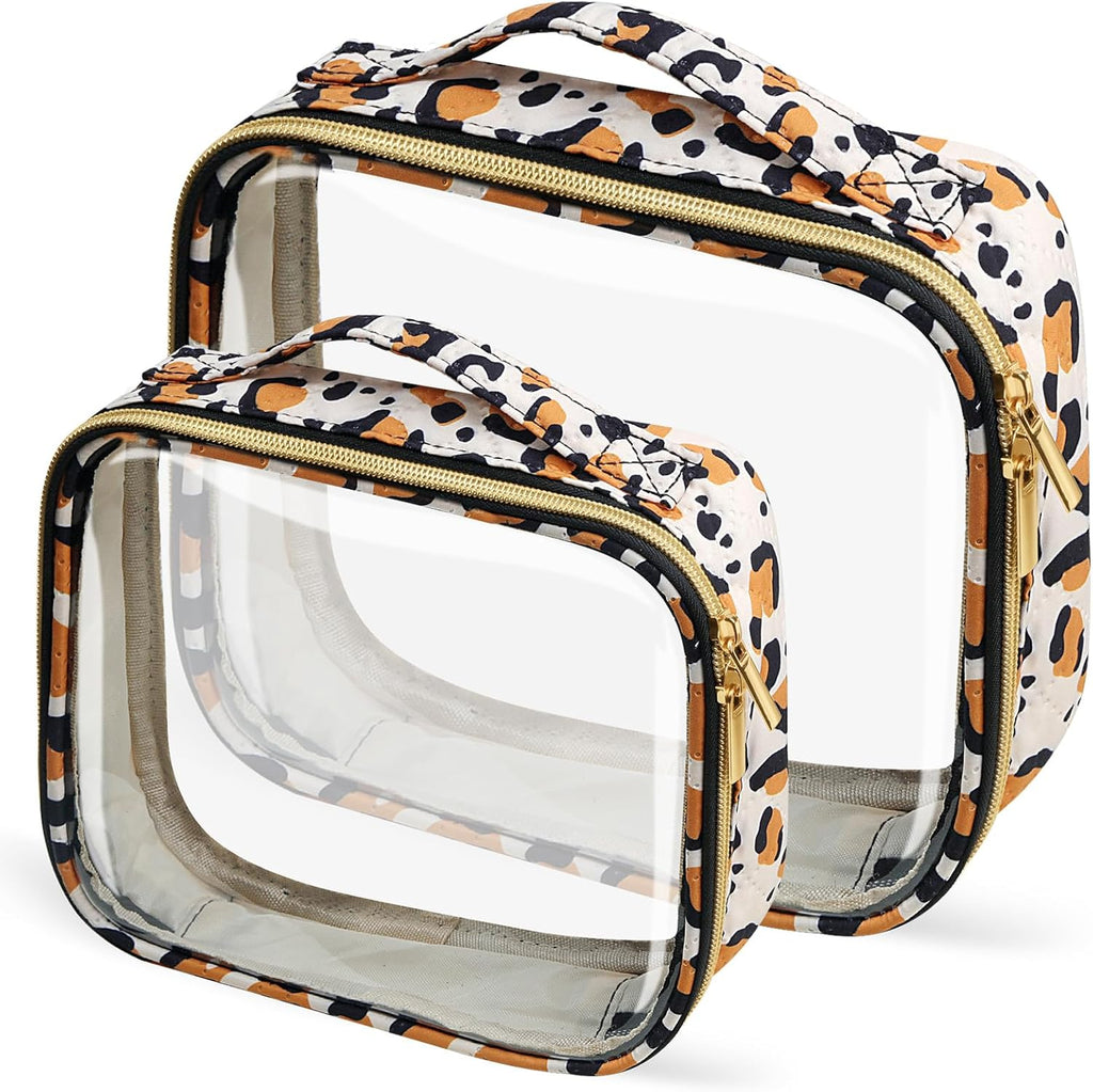 TSA Approved Travel Toiletry Bag,2 Pack Clear Makeup Bags with Handles,Quart Size Clear Cosmetic Bags for Traveling Women,Men,Carry on Airport Airline Compliant Bag,Leopard