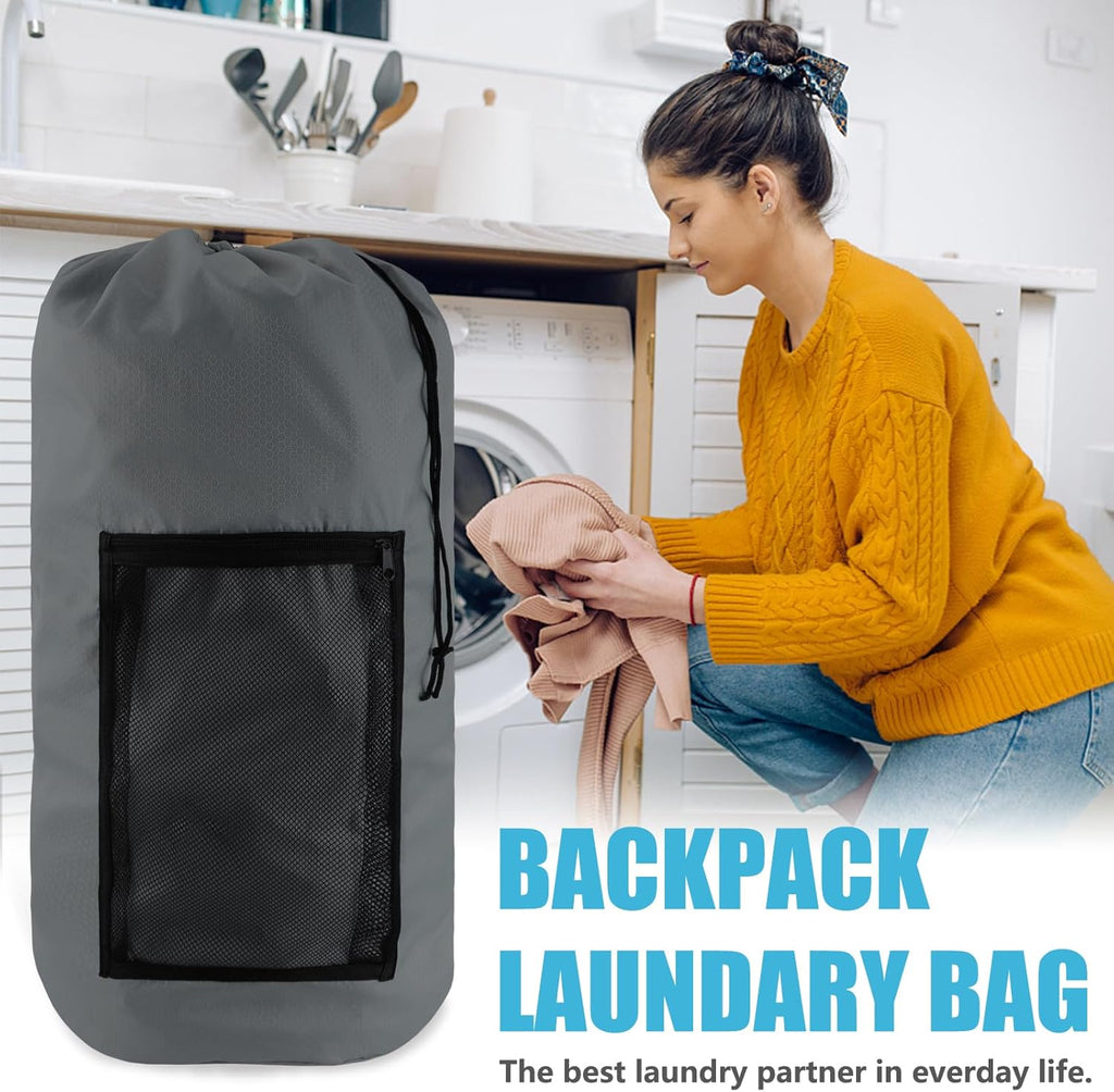 Laundry Bag Backpack, 2PCS Extra Large Travel Laundry Bag with Mesh Pocket & Adjustable Shoulder Straps,Dirty Clothes Travel Bag for College Students Dorm,Apartment(Grey)