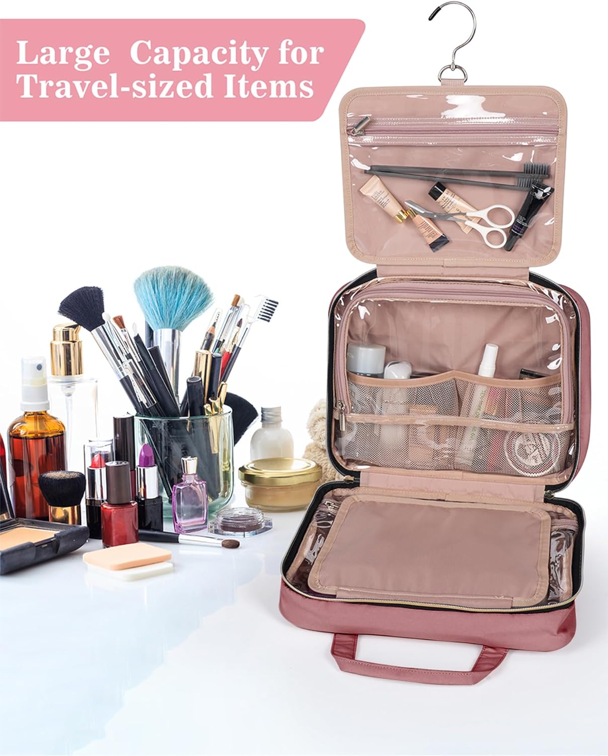 Brown Toiletry Bag, Makeup Organizer, Travel Bag For Women Mens Toiletries, Waterproof with Hanging Hook, Large Capacity