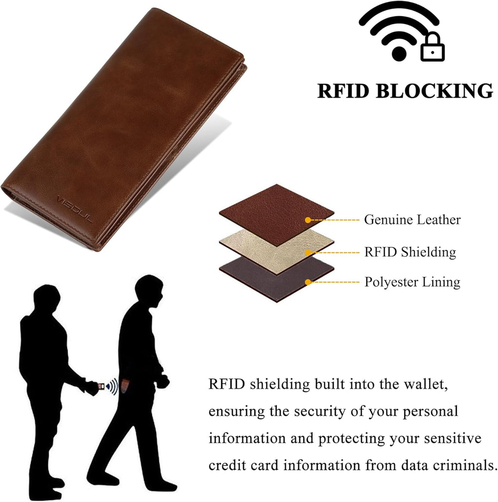 VISOUL Mens Checkbook Leather Wallets Long Bifold Wallets for Men Suit Wallet with 3 Cash Compartments 12 Credit Card Slots (Brown)