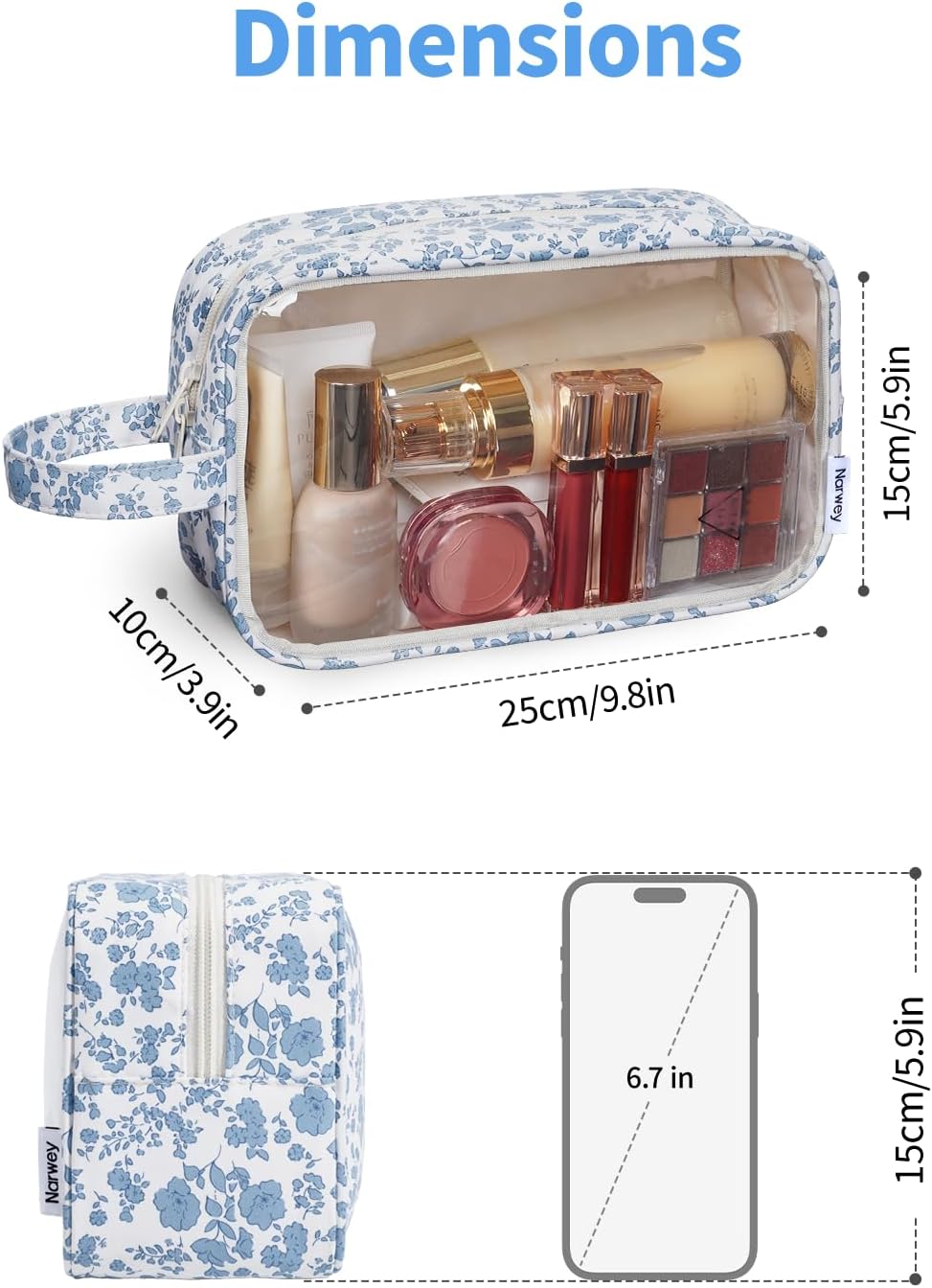 Narwey Clear Toiletry Bags for Traveling Women Men, Clear Travel Bags for Toiletries Makeup Bag Cosmetic Bag with Zipper, Make Up Organizer, Skincare Bag (Little Blue Flower)
