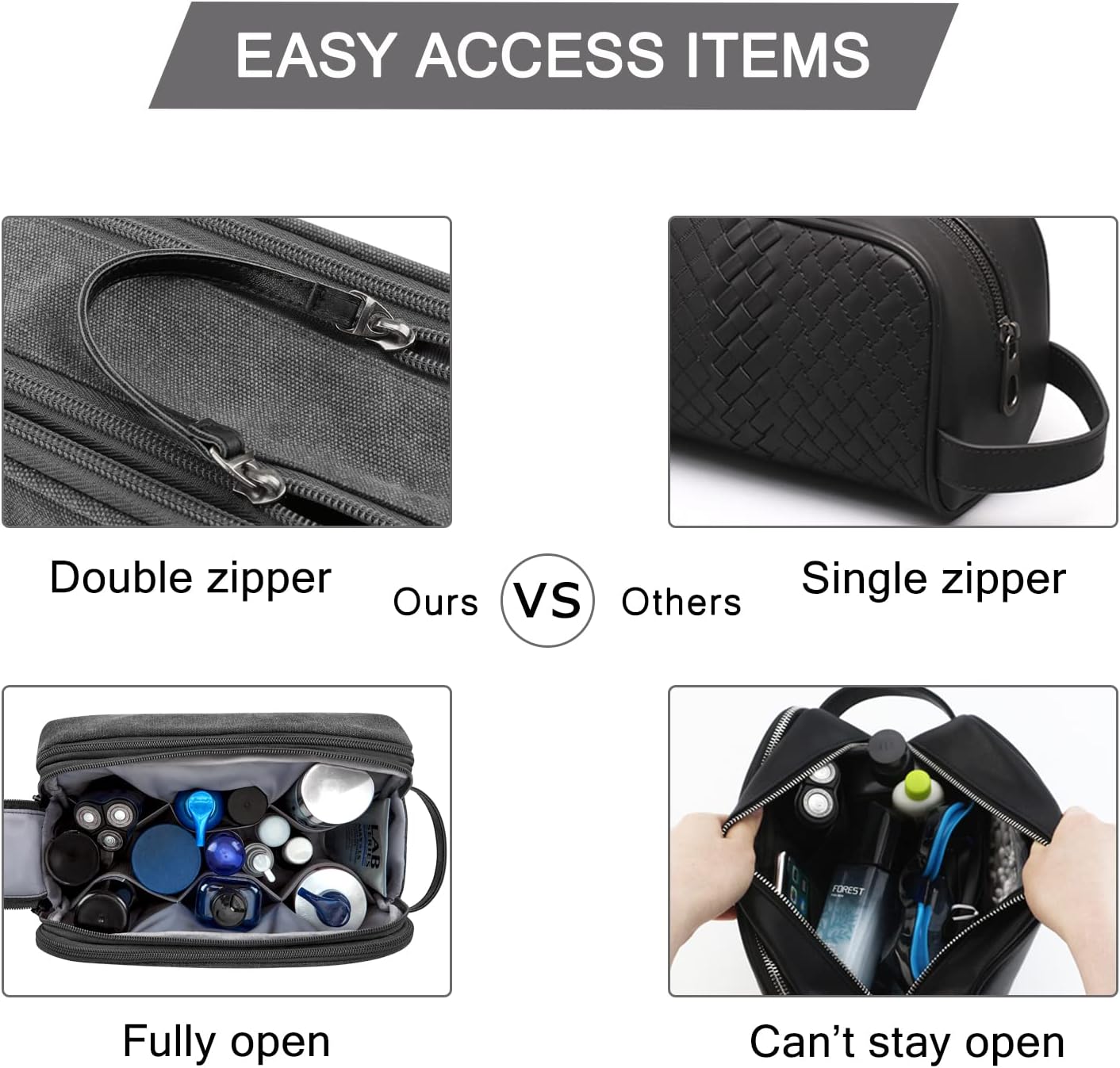 BAGSMART Toiletry Bag for Men, Canvas Travel Toiletry Organizer Dopp Kit Water-resistant Shaving Bag for Toiletries Accessories,Black-Large