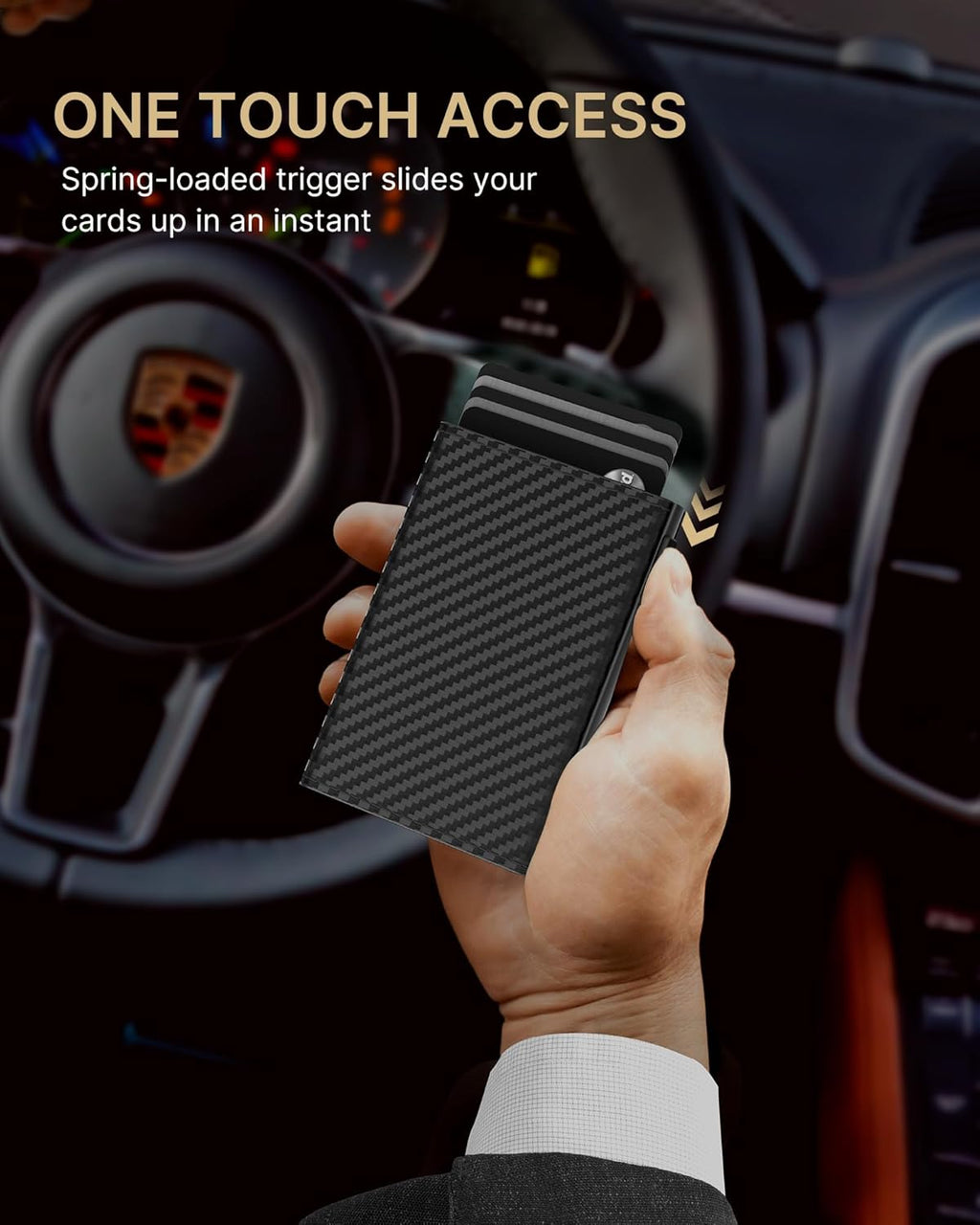 typecase Mens Wallet Card Holder: Pop Up Aluminum Case, Carbon Fiber Leather, Smart, RFID Blocking, Slim, Minimalist, Front Pocket - 9-14 Card Capacity | ID Window | Cash Slot (Orange)