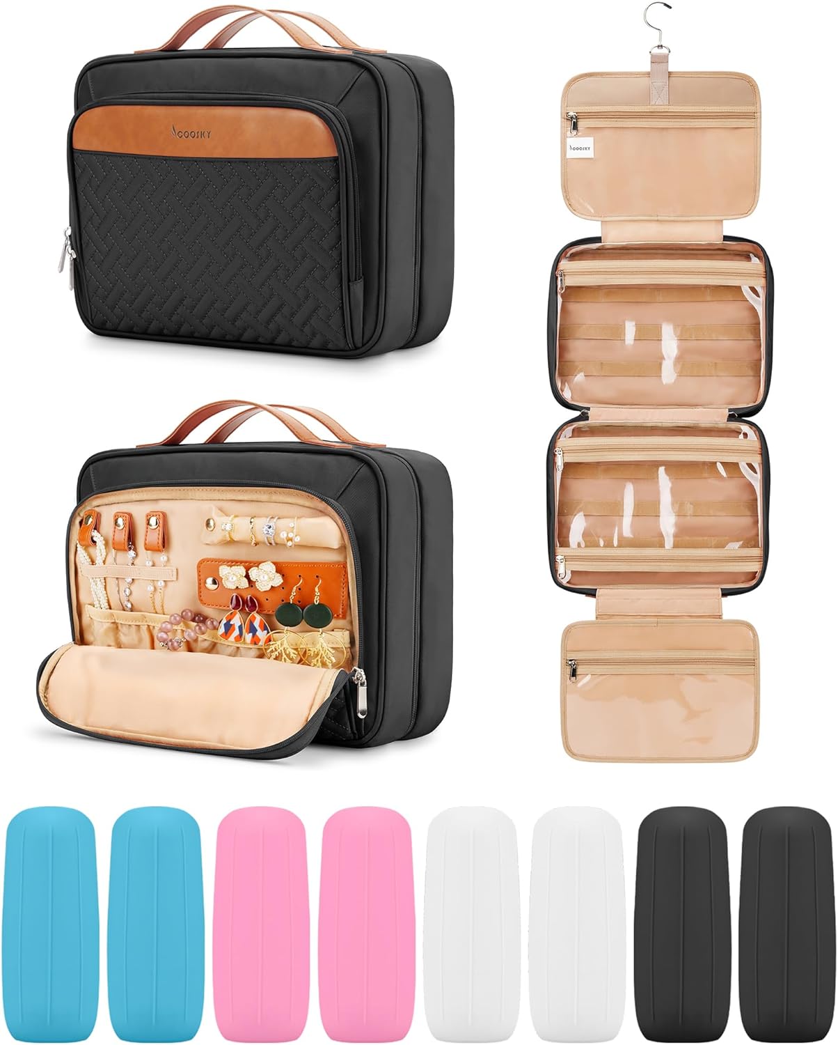 Travel Hanging Toiletry Bag for Women, Cruise Ship Essentials, with Jewelry Organizer, Medium Makeup Dopp Kit, Waterproof Cosmetic Bags, Toiletries Kit Set Accessories with Trolley Belt, Black