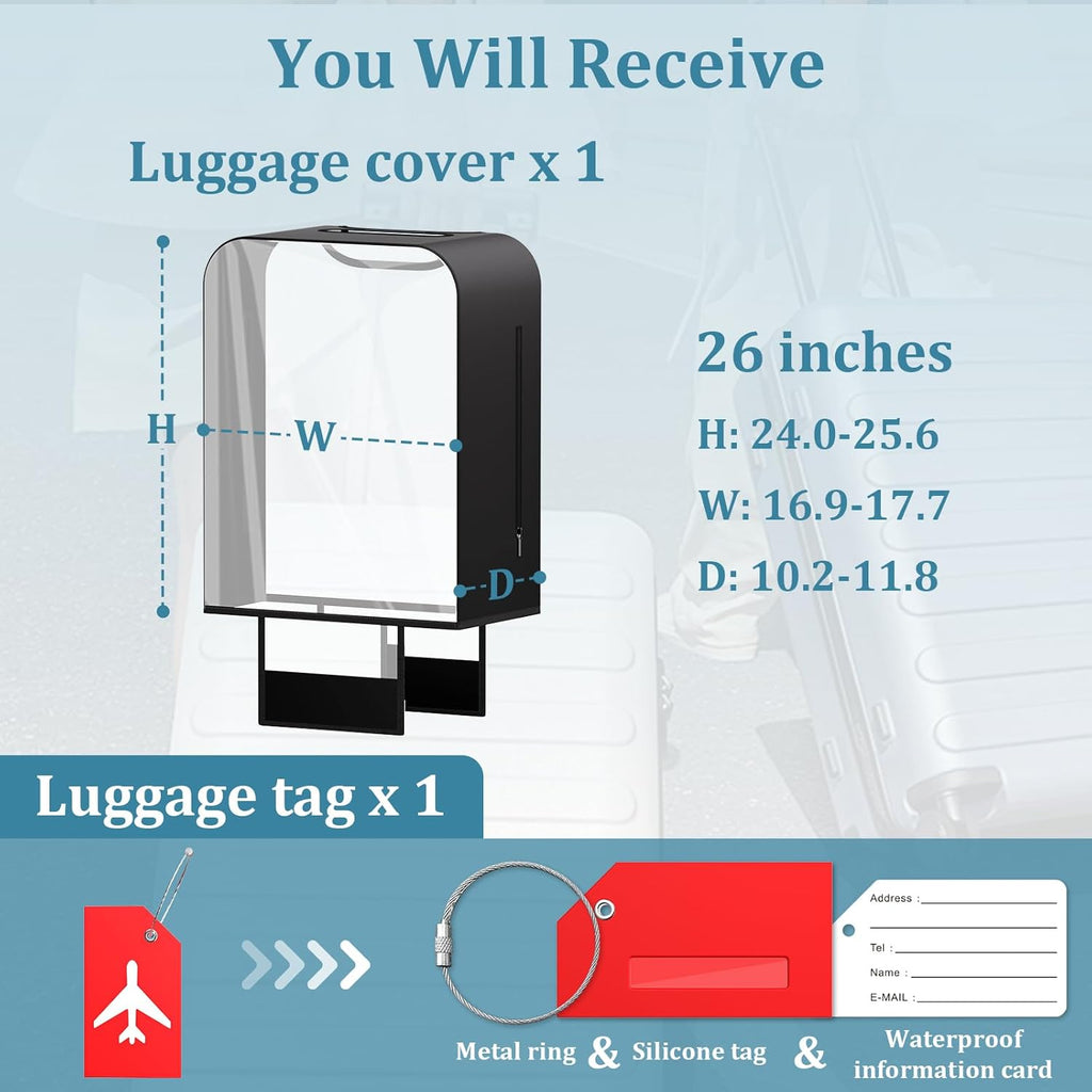 Upgraded Elastic Luggage Cover Protector - Stretchable Black Cloth + Clear TPU, Fit 26 Inch Wheeled Suitcase TSA Approved, Waterproof & Anti-Scratch, Includes Free Red Luggage Tag