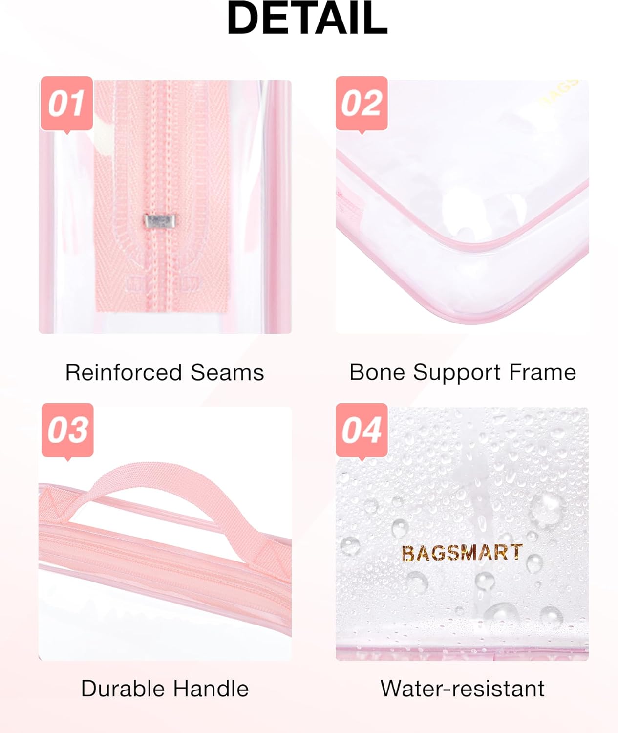 BAGSMART TSA Approved Clear Toiletry Bag, 3 Packs Quart Size Water Resistant Makeup Cosmetic Bags for Women, Airport Airline Travel Essential Carry On Organizer with Handle Large Opening, Pink