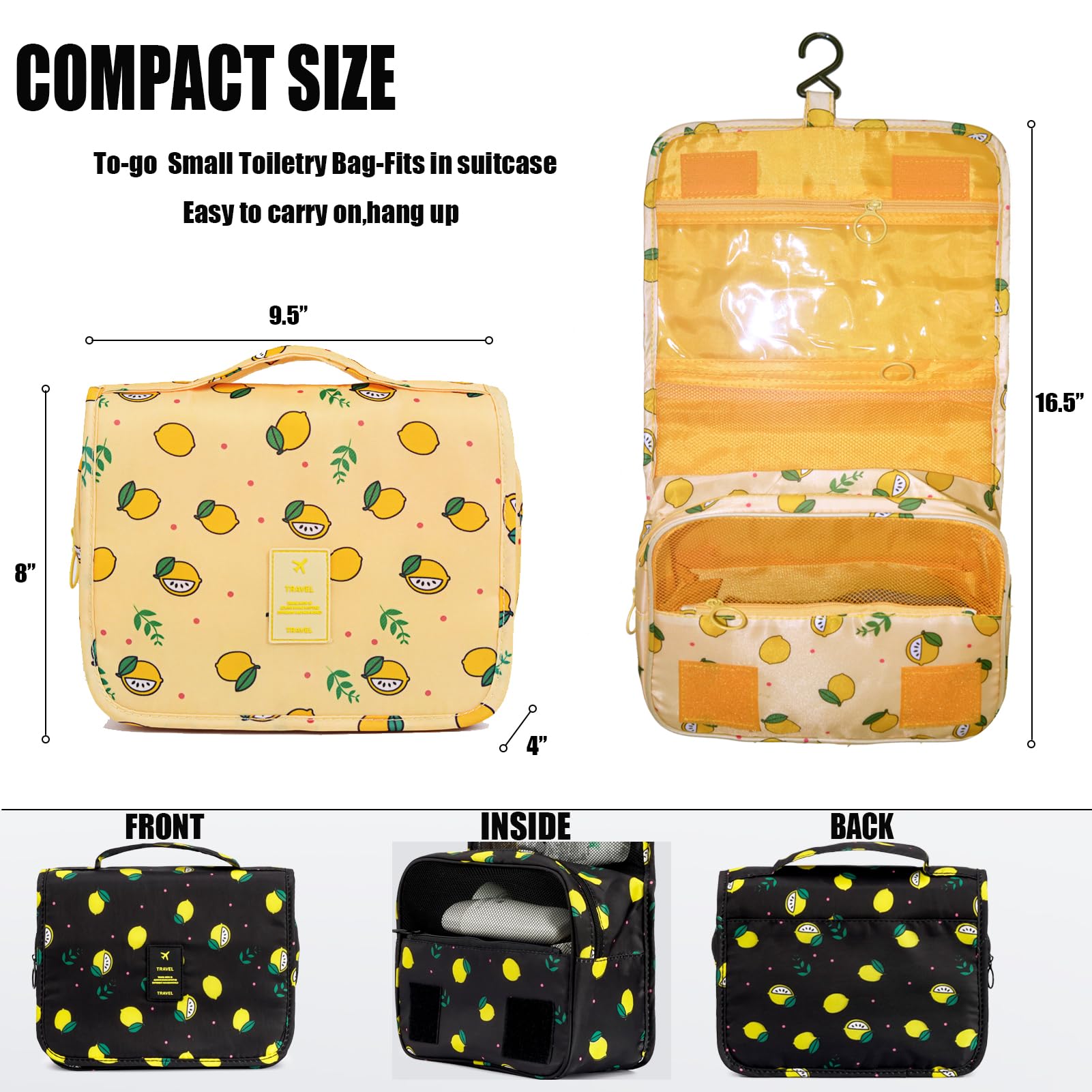 L&FY Hanging Travel Toiletry Bag Women's Cosmetic Organizer Makeup Pouch Men's Shaving Kits With Handle (Yellow Lemon)