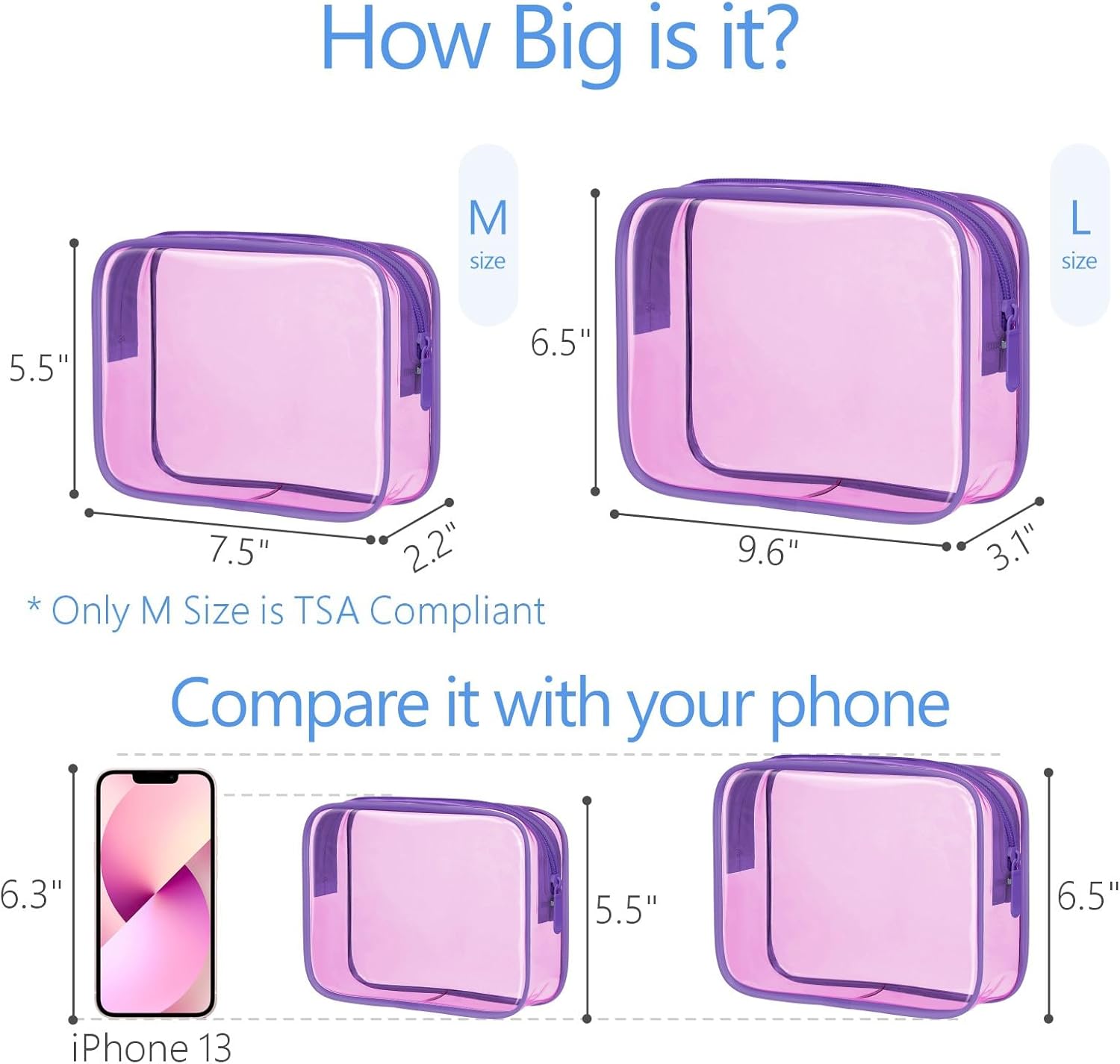 PACKISM 2 Pack Clear Toiletry Bags with Zipper, Water-resistant Cosmetic Bag, Clear Makeup Bag Fit Travel Essentials, Carry-on Travel Bag, Light Pinkish Purple