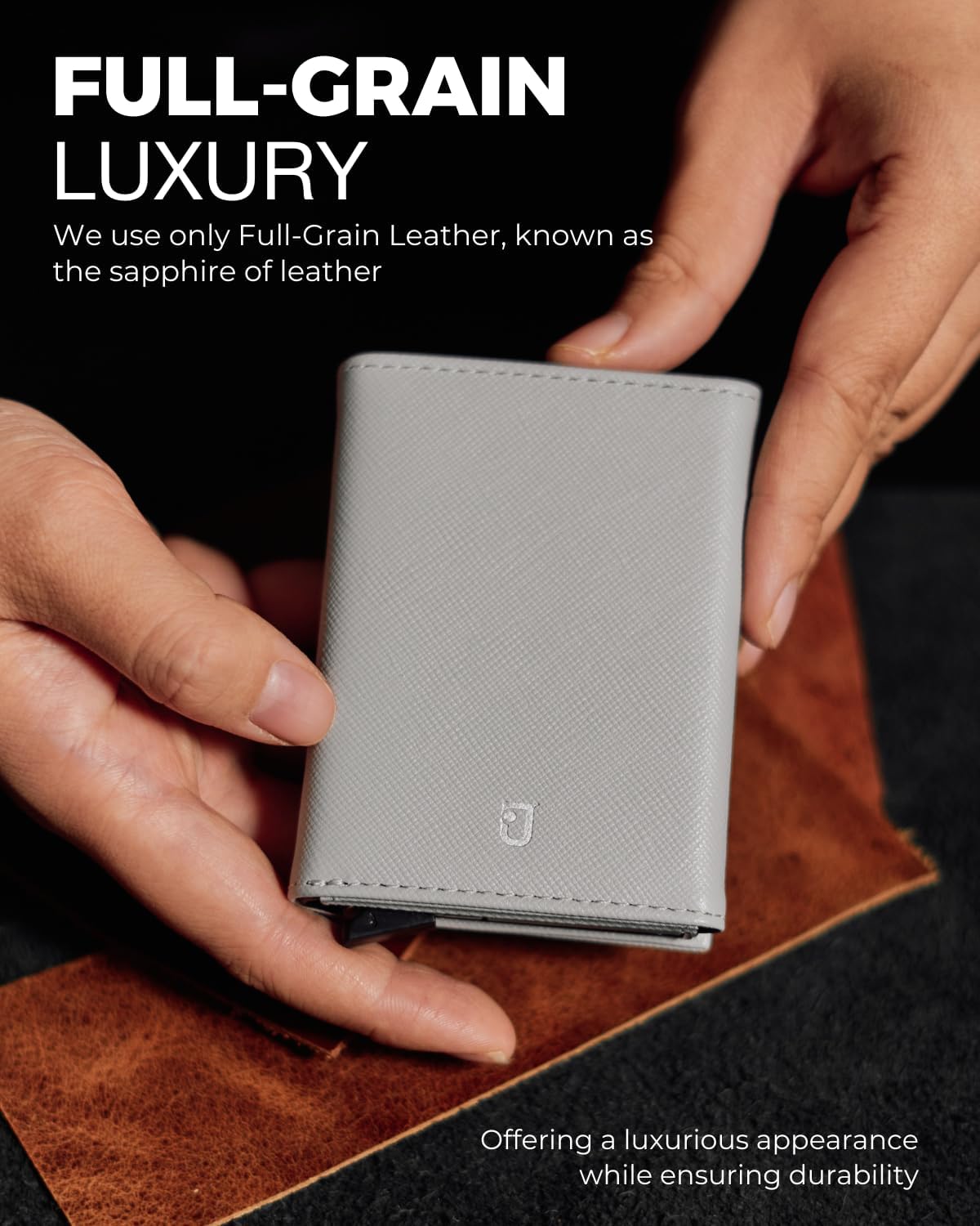 Jenoss Smart Wallet For Men & Women: Full Grain Leather, Handcrafted, Slide Metal Pop Up Case, Slim RFID Blocking Credit Card Holder Minimalist Compact 12 Cards Slot Organizers ID Clip (Grey & Black)